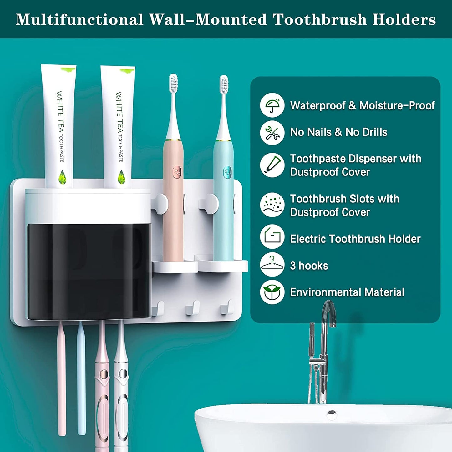 Wall-Mounted Toothbrush Holders with Double Automatic Toothpaste Dispenser, Dust-Proof Cover, 2 Toothpaste Squeezers, 2 Electric Toothbrush Holders, and 4 Toothbrush Organizer Slots.