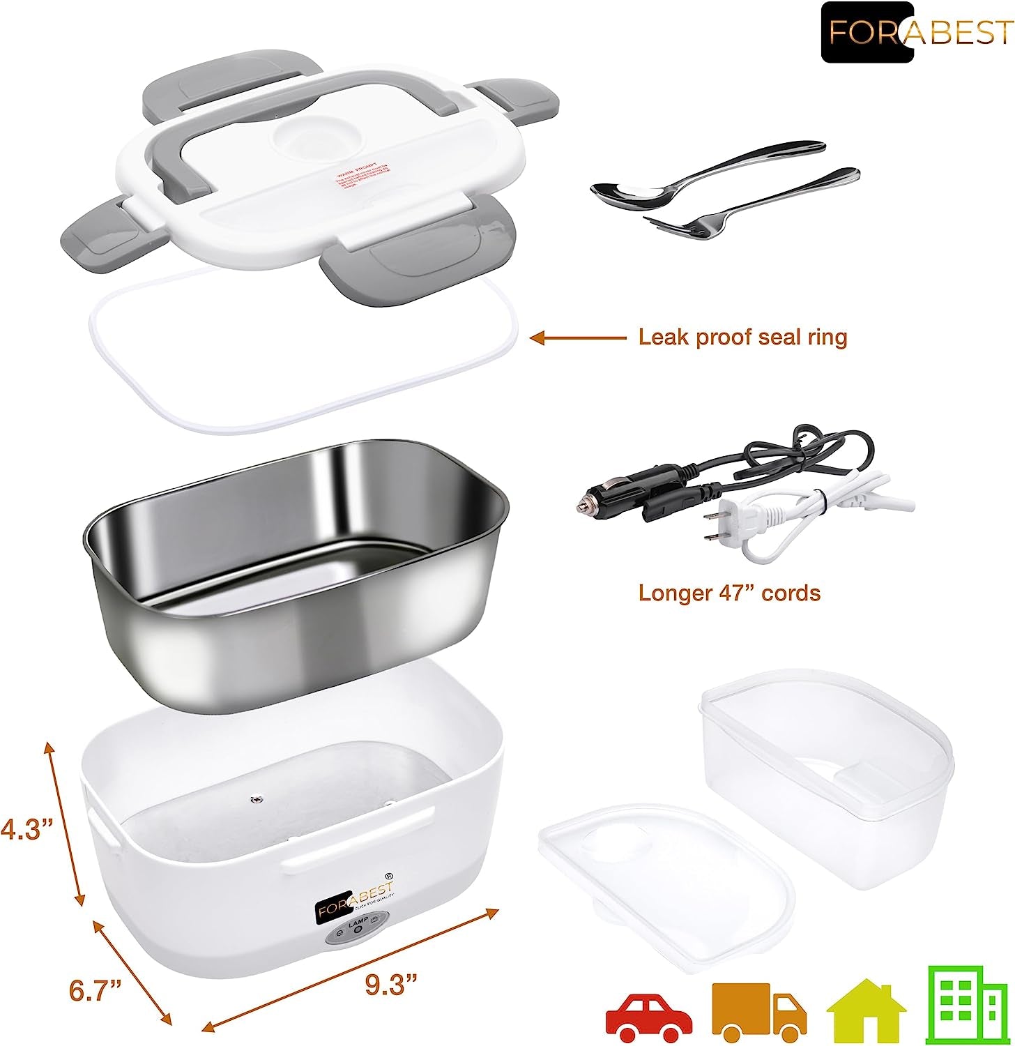  Electric Lunch Box Food Heater - Portable 2-in-1 Food Warmer for Car & Home - Leak Proof, 2 Compartments, Removable Stainless Steel Container, Fork & Spoon, and Carry Bag (Grey)