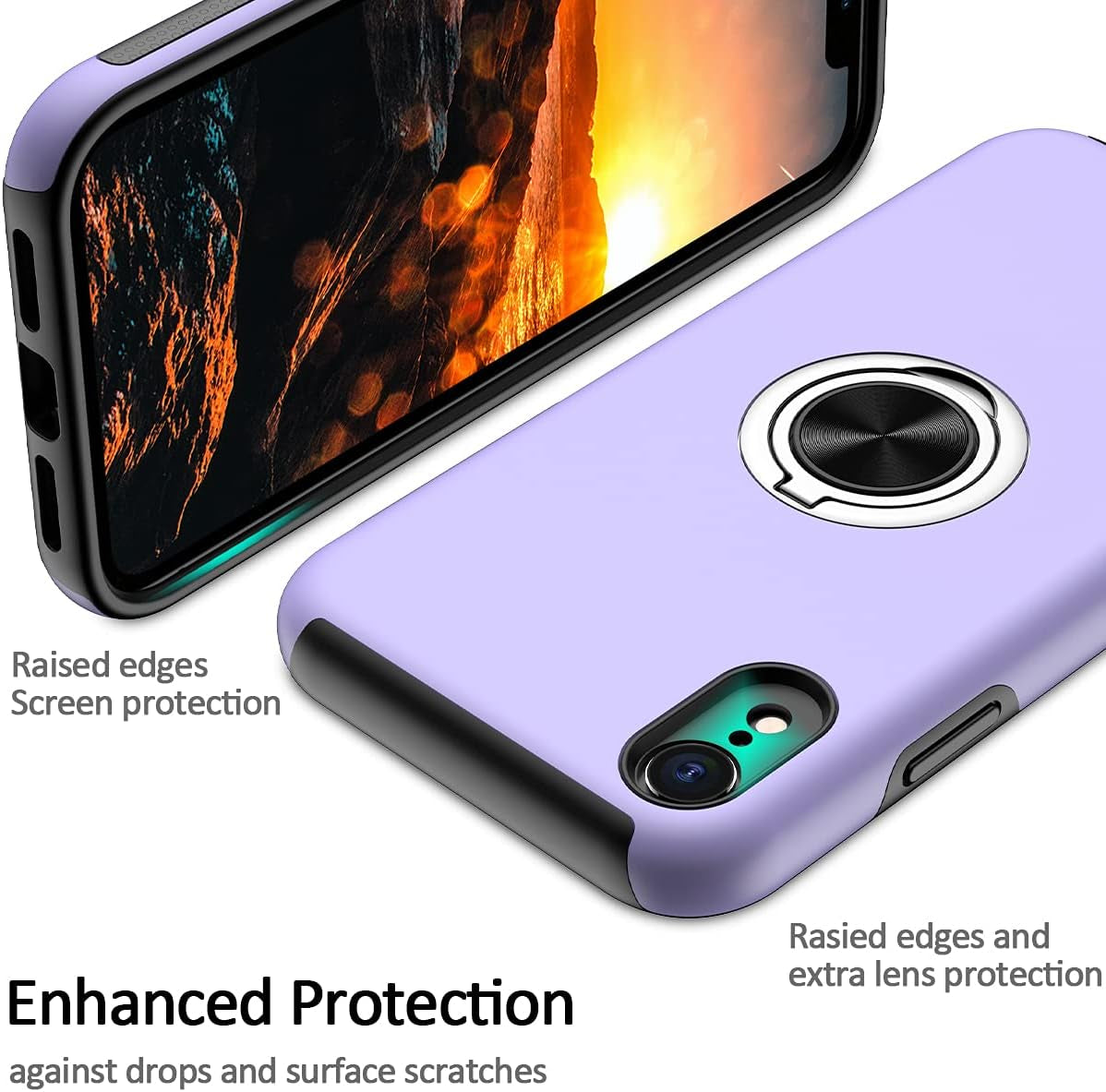 iPhone XR Case with Screen Protector, Purple, Dual Layer Heavy Duty Protective Shockproof Cover with Built-in Ring Holder Kickstand Magnetic Slim Case.