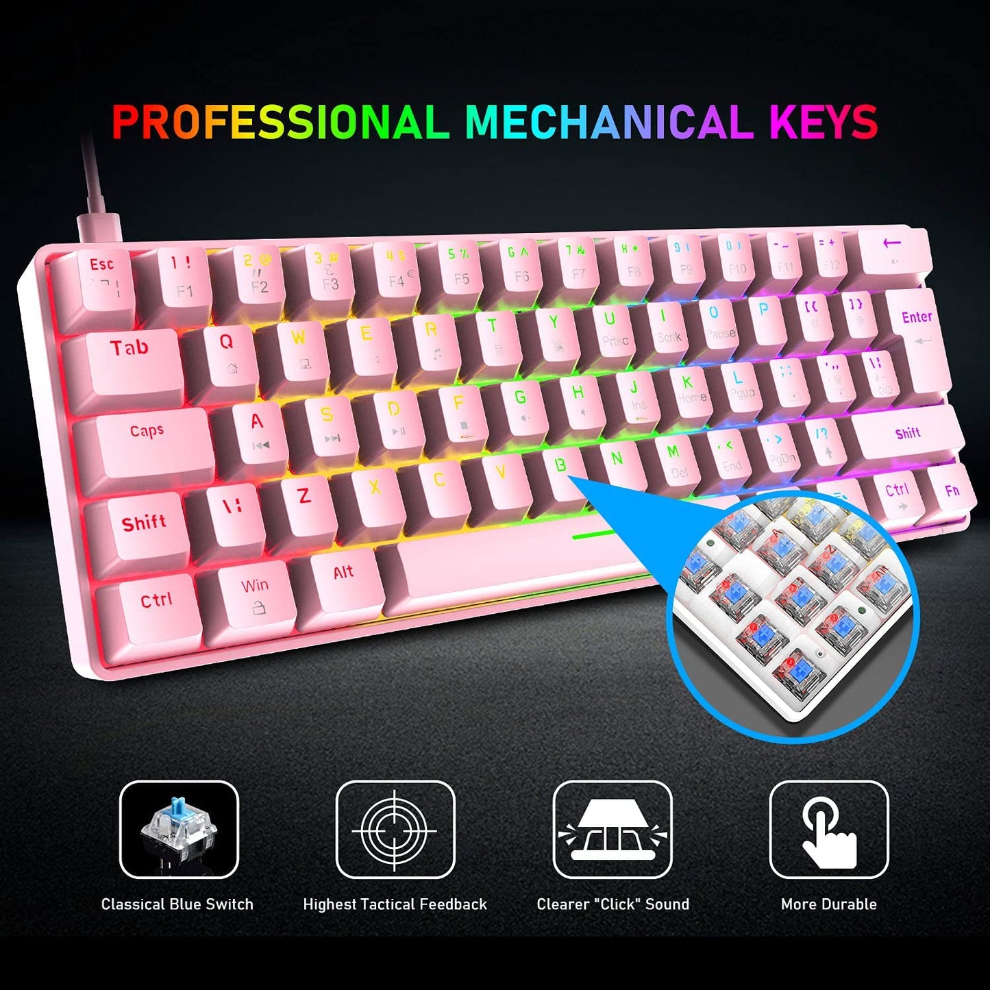 Easy-to-Travel Portable 60% Mechanical Gaming Keyboard - 62-Key Mini Wired Office Keyboard with Blue Switch and LED Backlight, Suitable for Windows, Mac, and Laptop Usage.