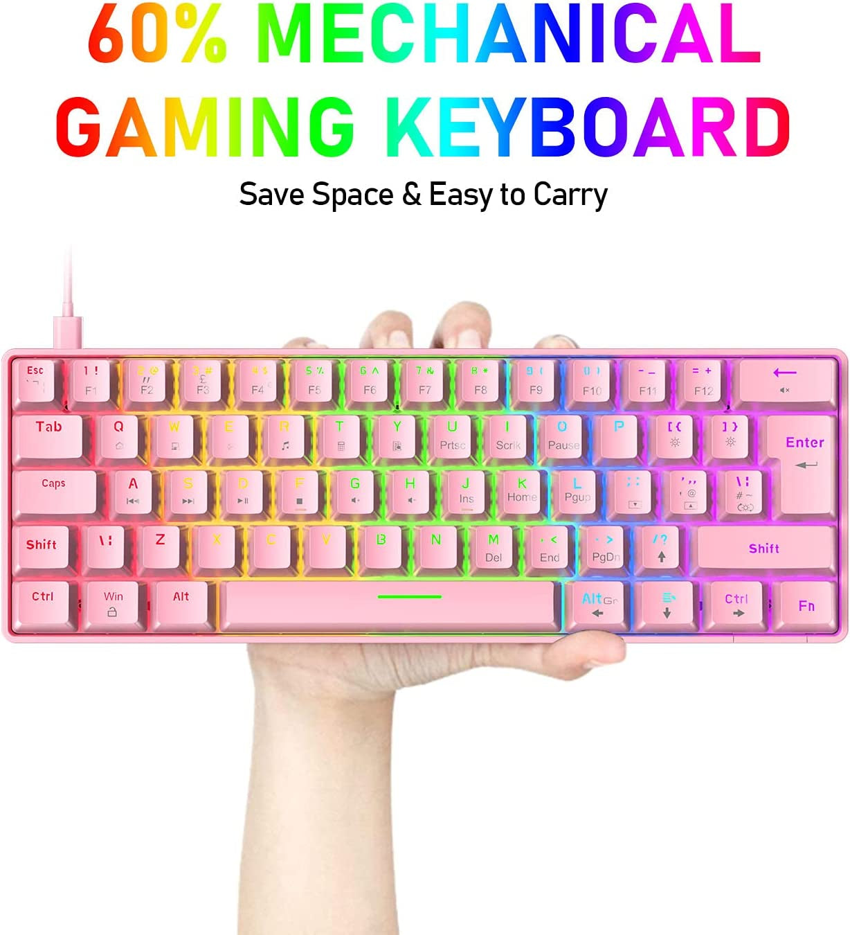 Easy-to-Travel Portable 60% Mechanical Gaming Keyboard - 62-Key Mini Wired Office Keyboard with Blue Switch and LED Backlight, Suitable for Windows, Mac, and Laptop Usage.