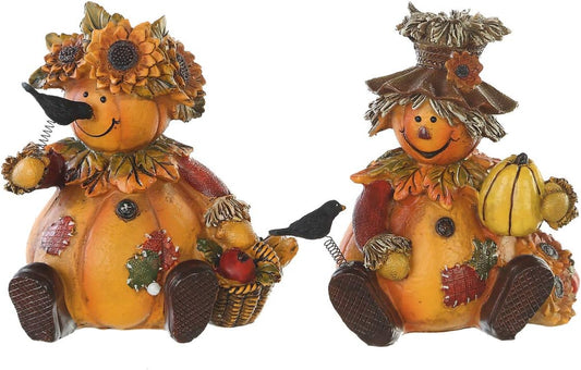 Set of 2 Polystone Table Decor Fall Harvest Statues - These Pumpkin People Dolls are perfect for adding a seasonal fall accent to your home decor.