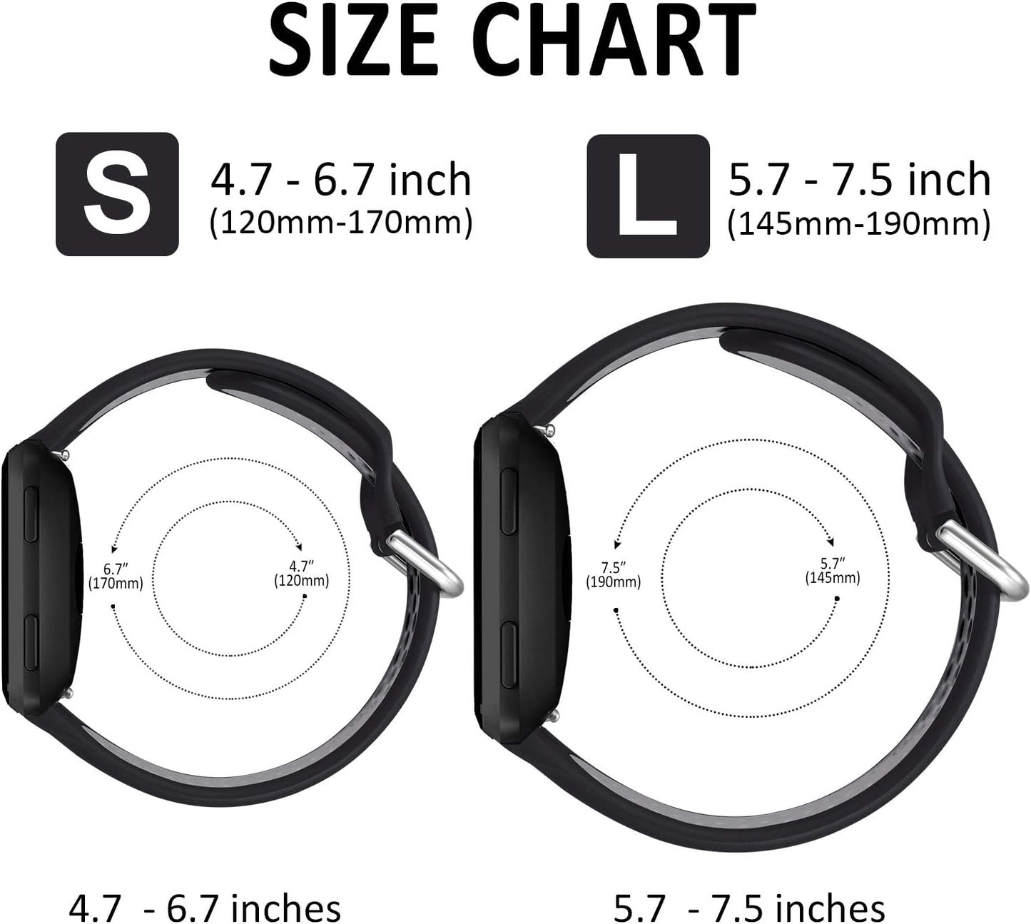 3-Pack Soft Silicone Sport Bands Compatible with Fitbit Versa 2 for Men and Fitbit Versa for Women. These bands are also compatible with Fitbit Versa Lite and Versa SE, available in both Large and Small sizes with Silver Metal Accent.