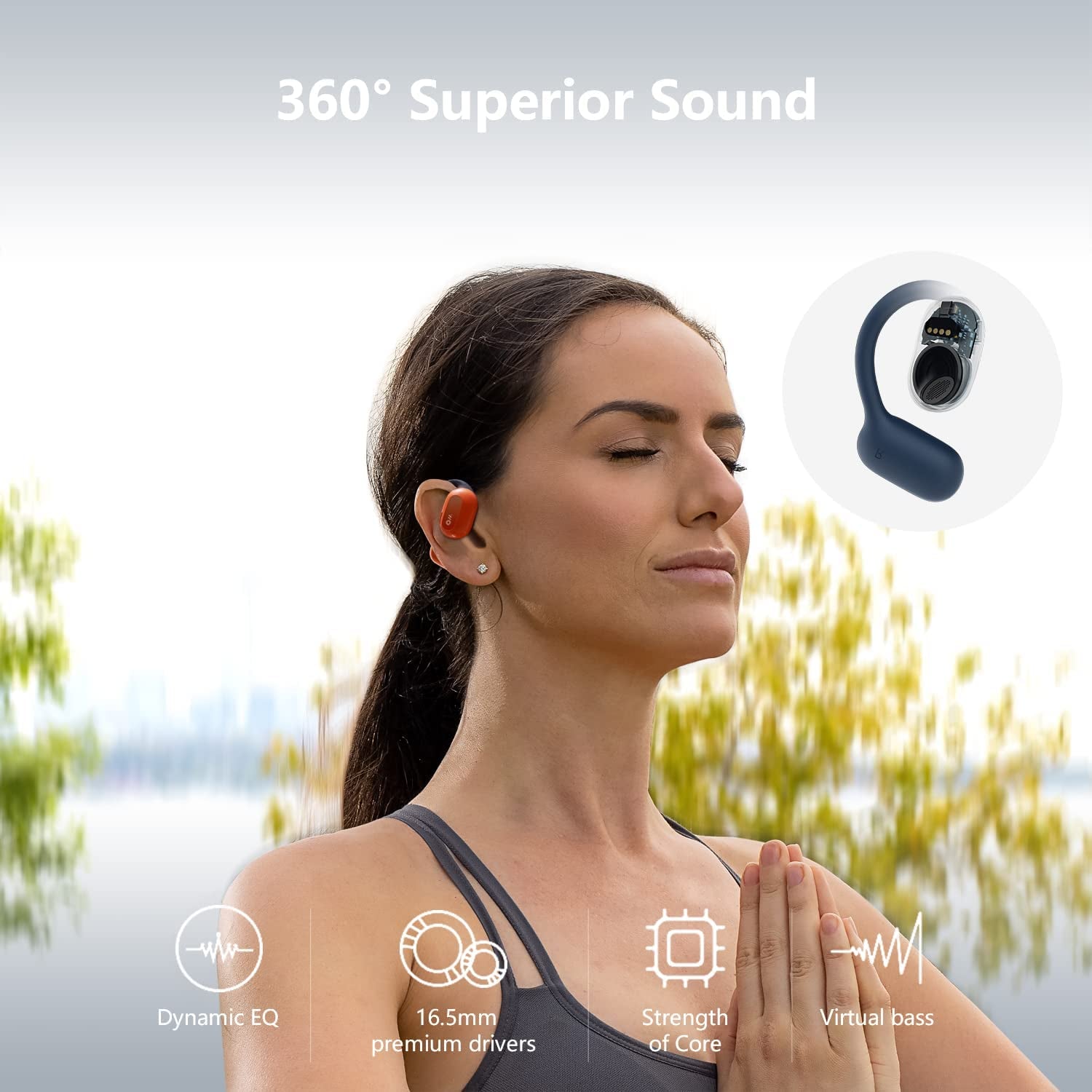 Martian Orange Bluetooth 5.2 Wireless Earbuds Open Ear Headphones for Android & iPhone, Waterproof Sport Earbuds with Dual 16.5mm Dynamic Drivers, Up to 16 Hours Playtime