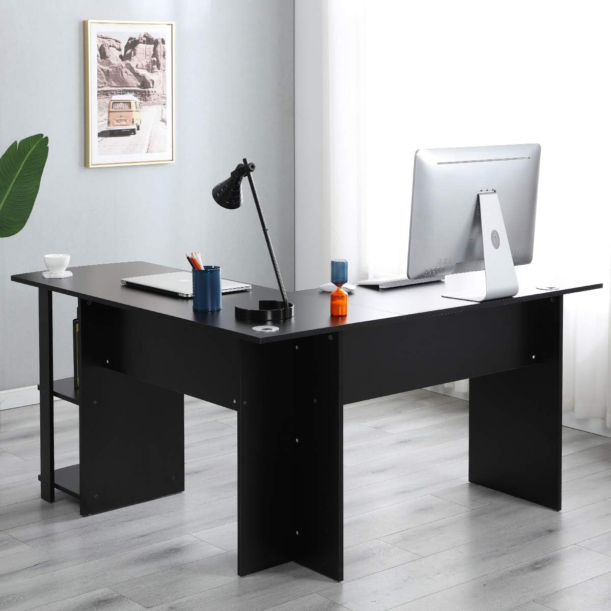 L-Shaped Computer Desk with Shelf - 59+51.2 inches L Desk Corner Computer Workstation Table with Desktop Shelf, Black 