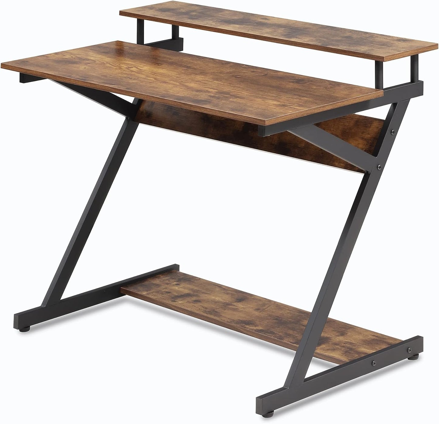 Adjustable Gaming Desk Workstation: Mobile Study and Writing Desk with Monitor Shelf in Rustic Brown Finish