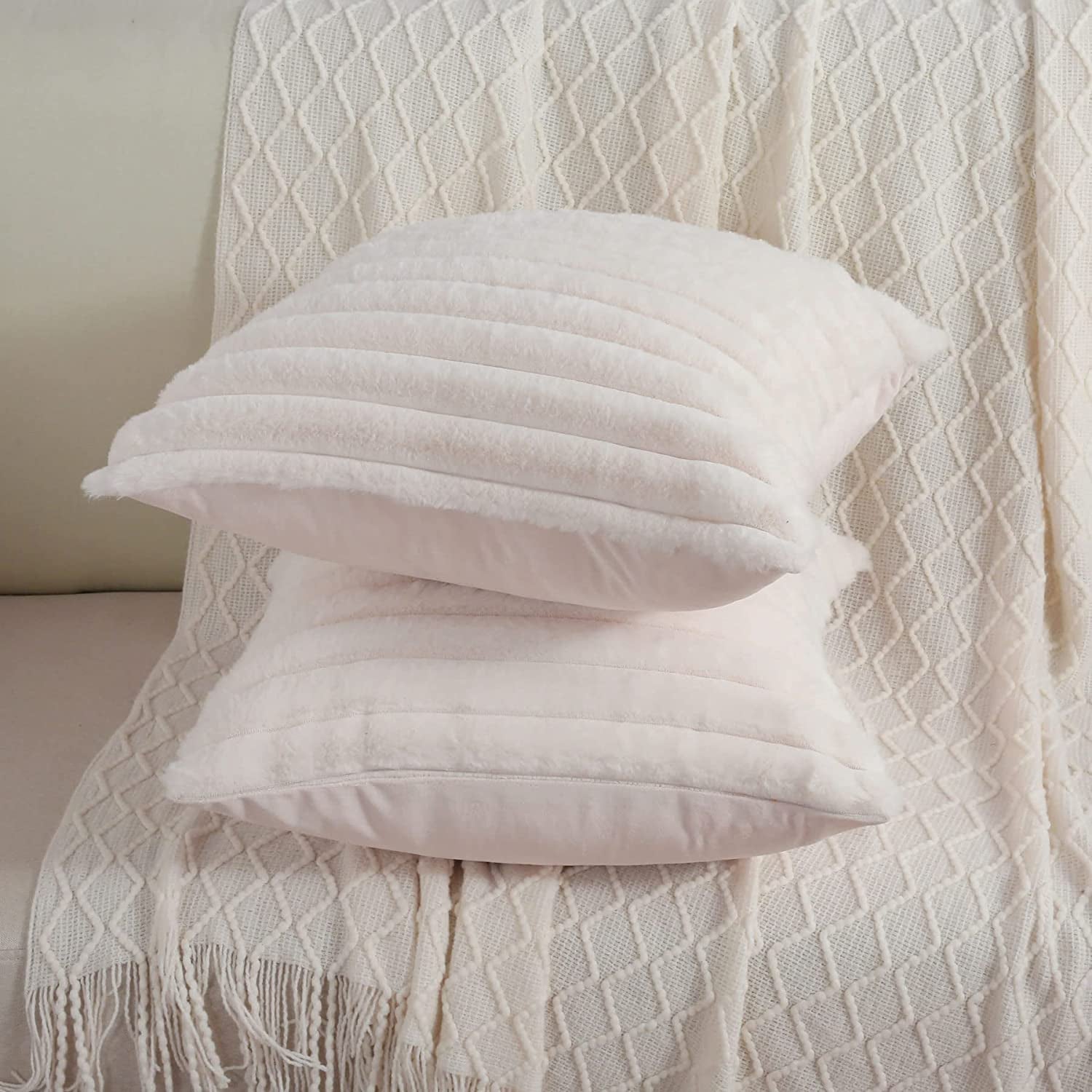 Set of 2 Cream White 20x20 Inch Throw Pillow Covers - Cozy Faux Rabbit Fur Striped Design with Velvet Back for Modern Couch Decor.