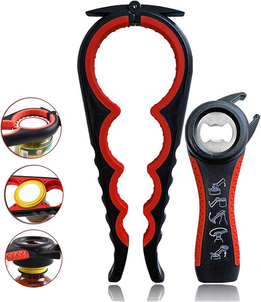 5-in-1 Multi-Function Kitchen Tool: Jar Opener, Manual Can Opener, Bottle Opener Kit in Red. Easily Open a Variety of Cans, Bottles, Jars, Beer, and Soda Pops with the Silicone Hand Gripper Aid.