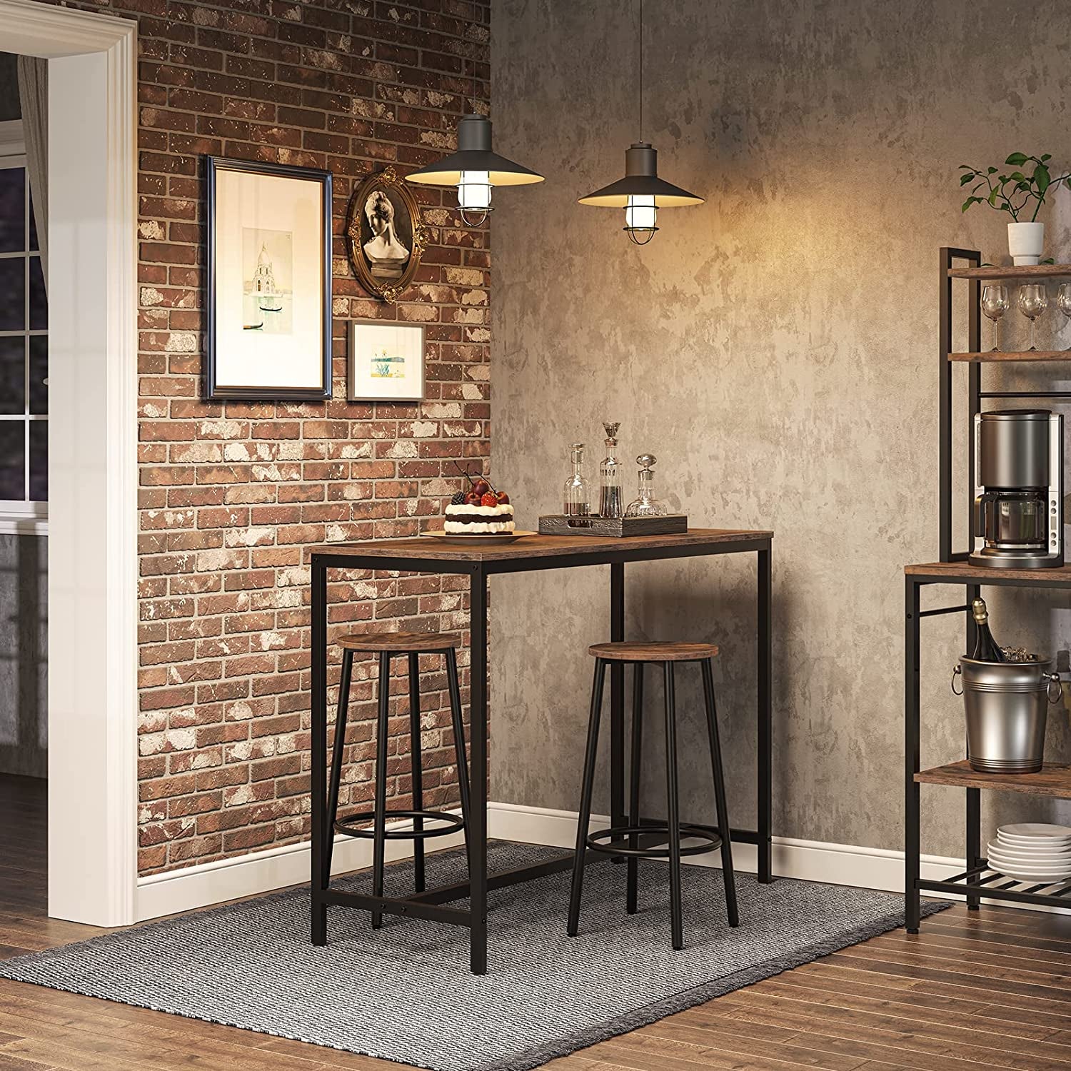 Set of 2 Industrial Bar Stools: Round Bar Chairs with Footrest, Black Steel Frame, Adjustable Feet, Ideal for Living Room, Dining Room, Kitchen - Rustic Brown with an Industrial Design 