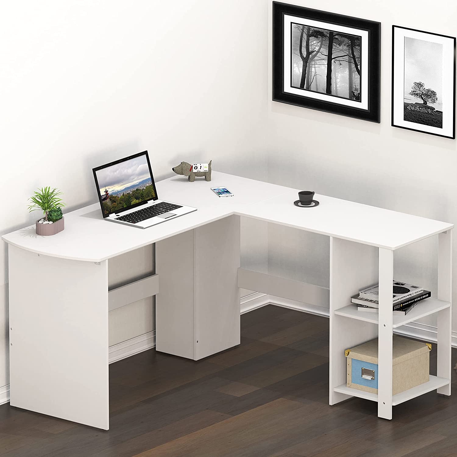 L-Shaped White Wood Corner Desk for Home Office