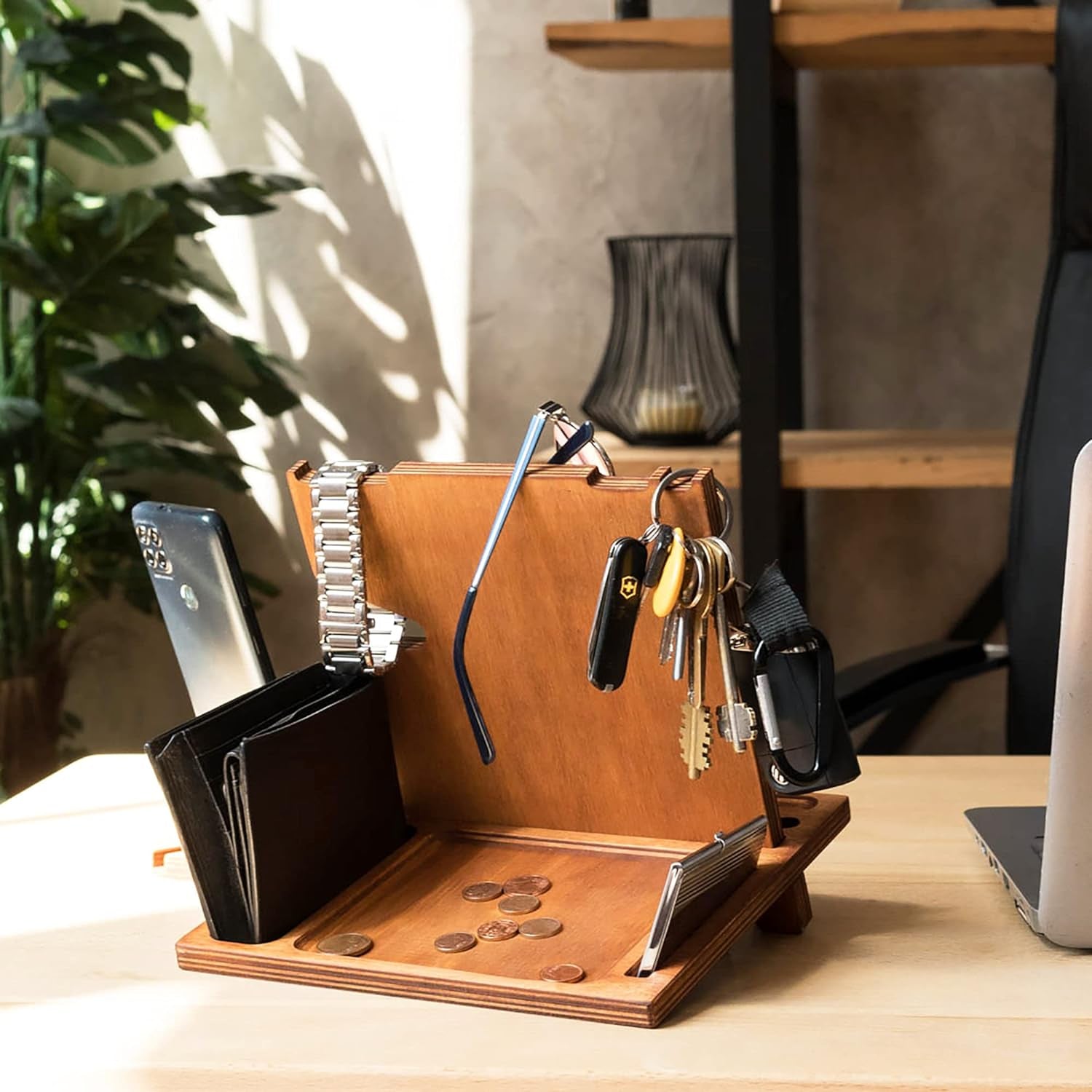 Handcrafted Wooden Docking Station: Premium Desk Organizer for Smartphone, Tablet, Watch, Wallet - Featuring Built-in Mirror and Card Holder