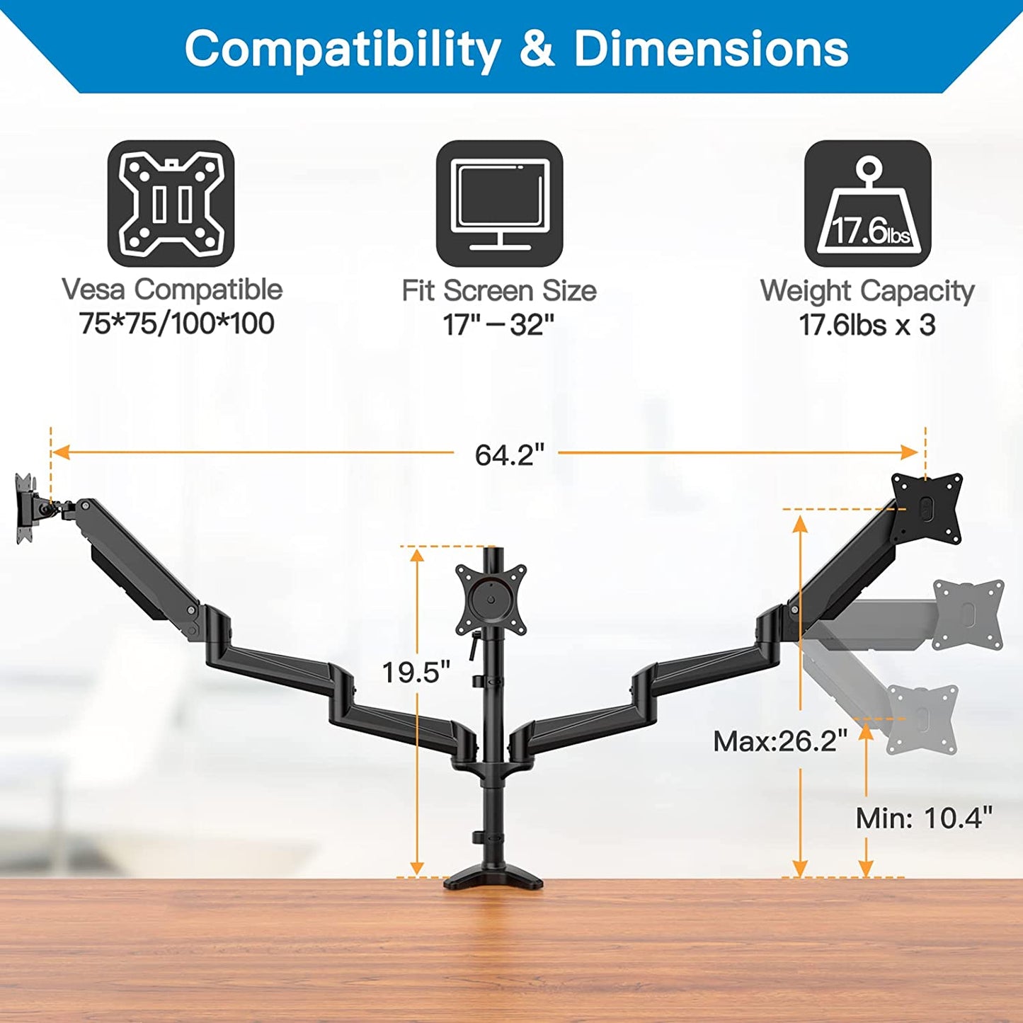 Triple Monitor Stand - Fully Adjustable Aluminum Gas Spring Mount for Three 17-32 inch LCD Computer Screens with Clamp, Grommet Kit - Black