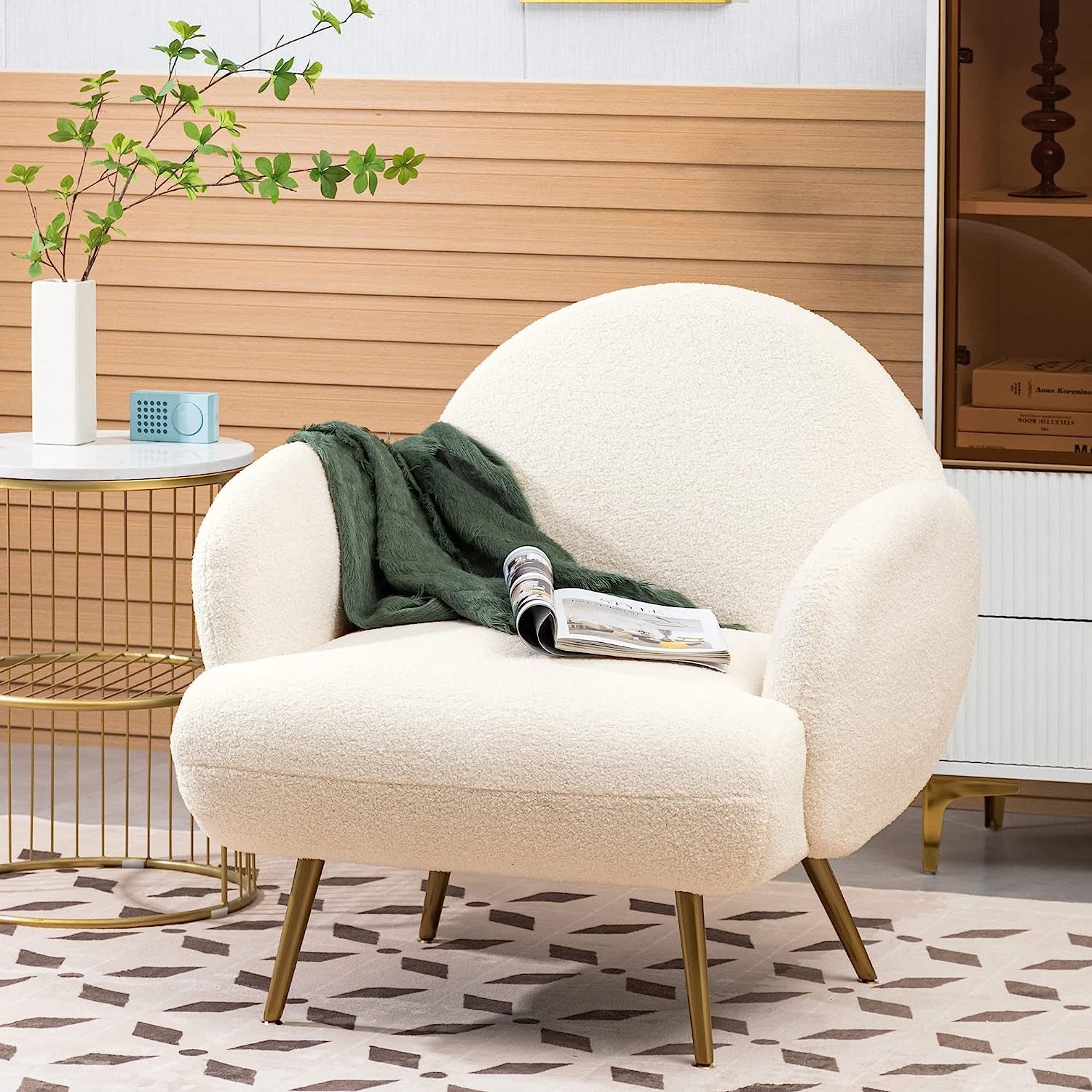 White Accent Sherpa Chair - Comfy Modern Armchair with Golden Metal Legs Mid-Century Sofa Chair