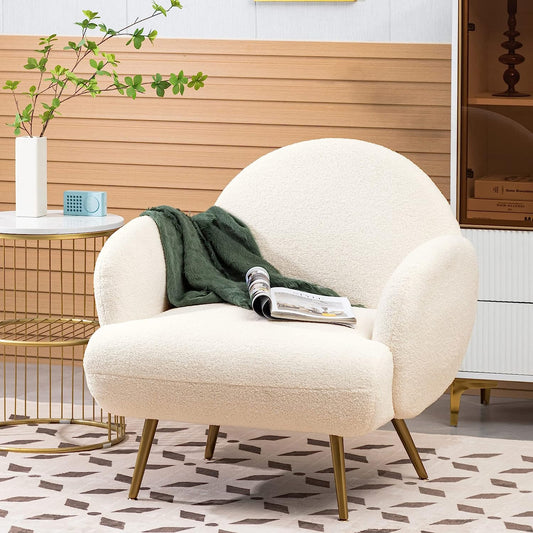 White Accent Sherpa Chair - Comfy Modern Armchair with Golden Metal Legs Mid-Century Sofa Chair