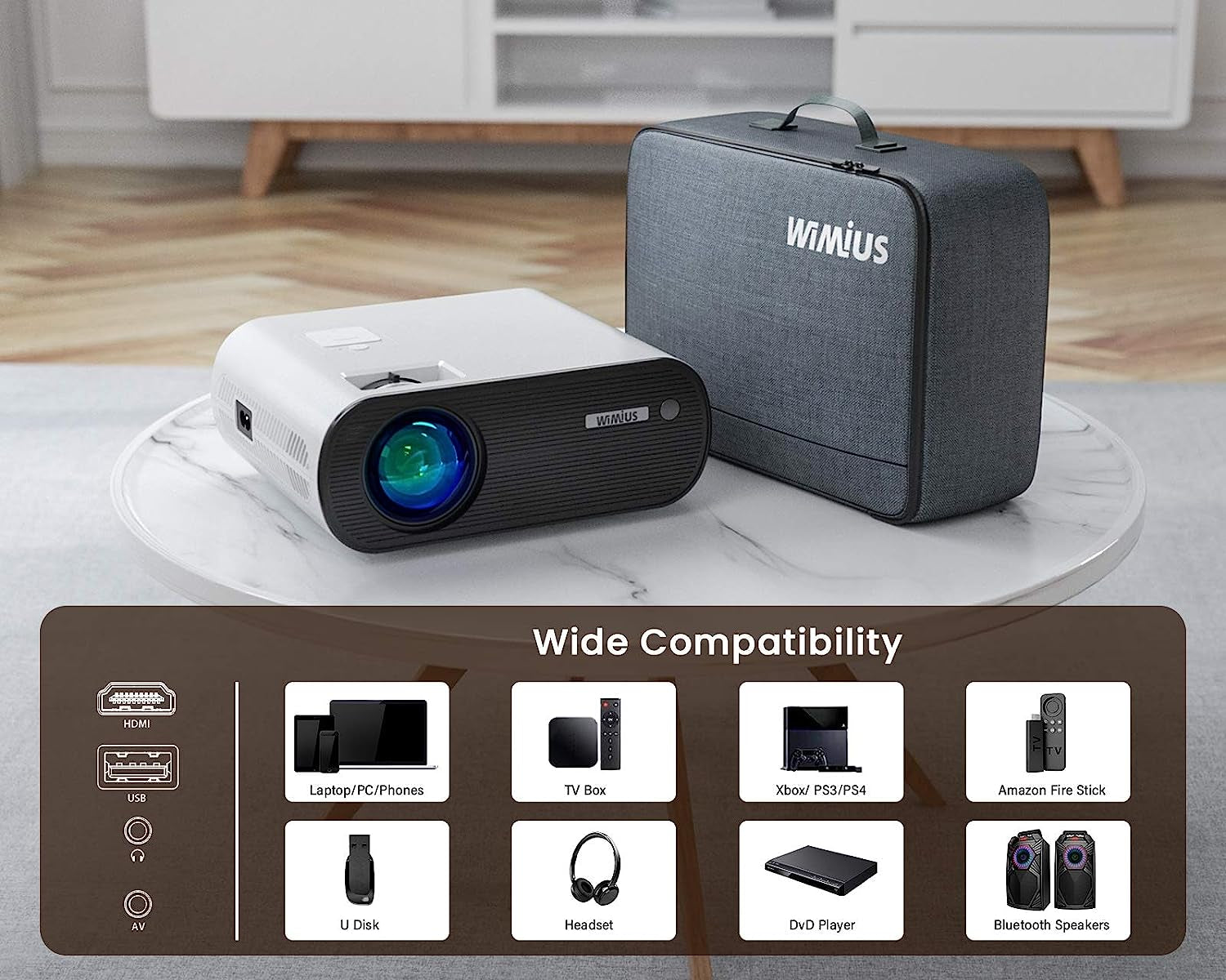 K5 Mini WiFi Bluetooth Projector - Full HD Support for 1080P, 75% Zoom, and 200" Screen. Compatible with Smartphone (Wirelessly), PC, Bluetooth Speakers, TV Stick, PS4, and PS5.