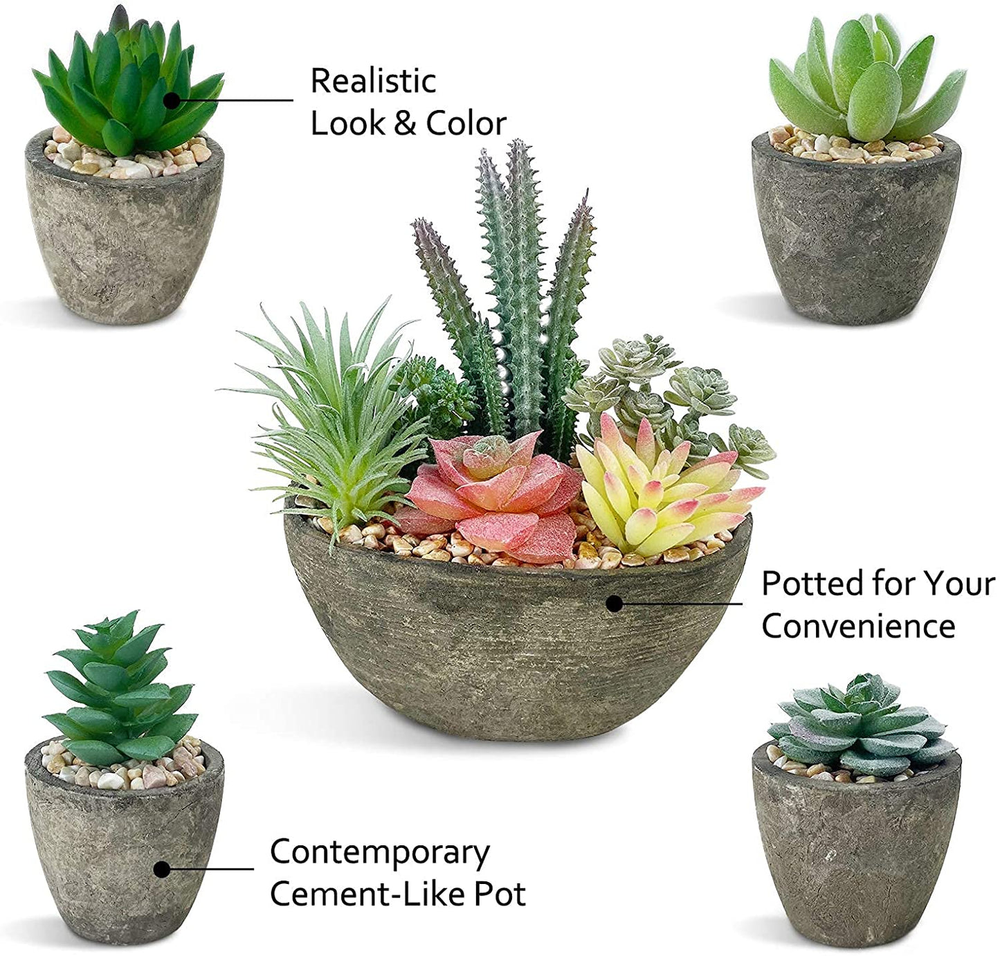 Set of 5 Artificial Succulent Plants with Realistic Appearance and Cement-like Pots for Elegant Home and Office Decoration