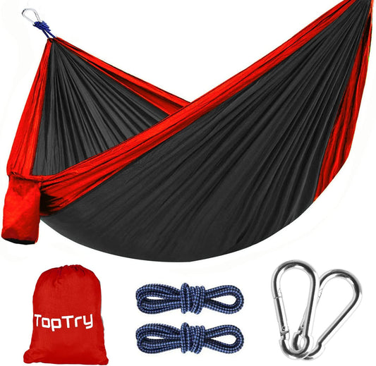 Single & Double Camping Hammock - Nylon Hammock with 660lbs Weight Capacity, Includes 2 Tree Ropes and 2 Metal Hooks, Portable and Lightweight, Ideal for Camping, Backpacking, Travel, Beach, Garden, and Courtyard.