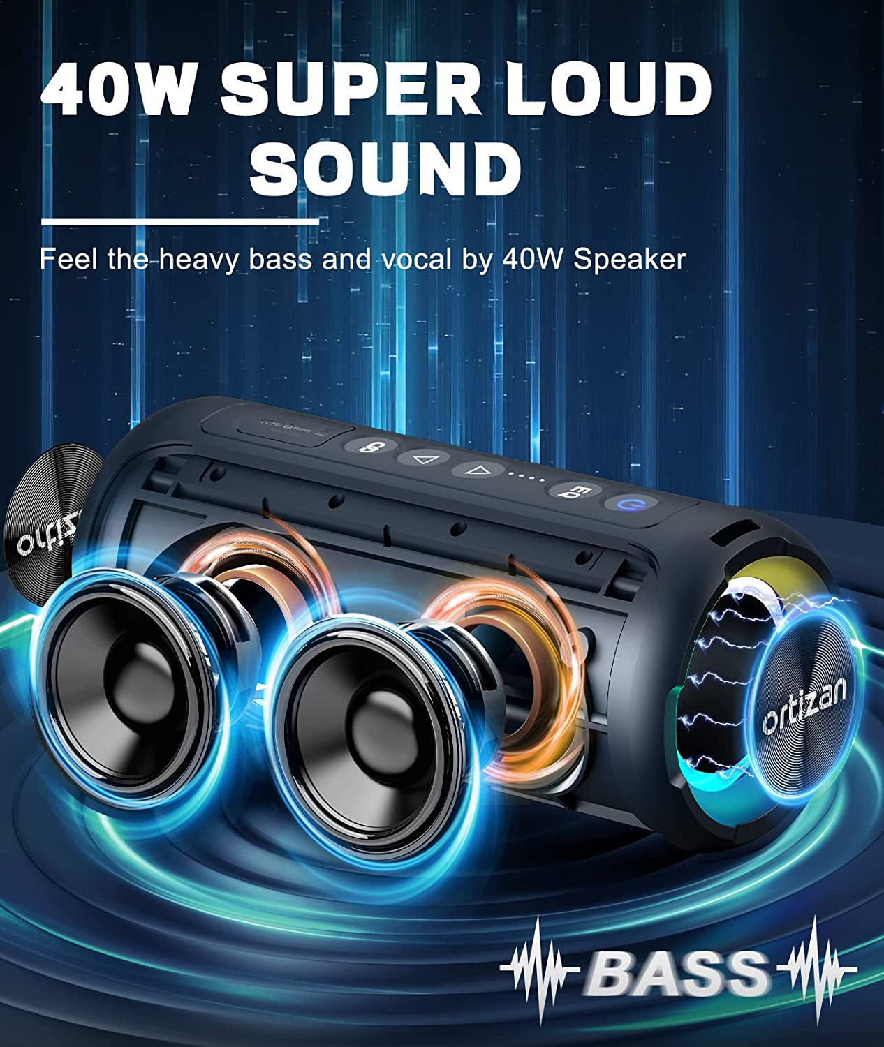 Portable Bluetooth Speaker: 40W Wireless Speakers with LED Light, 360° Strong Bass Stereo. IPX7 Waterproof, 30H Playtime, and Dual Pairing for Home Use.