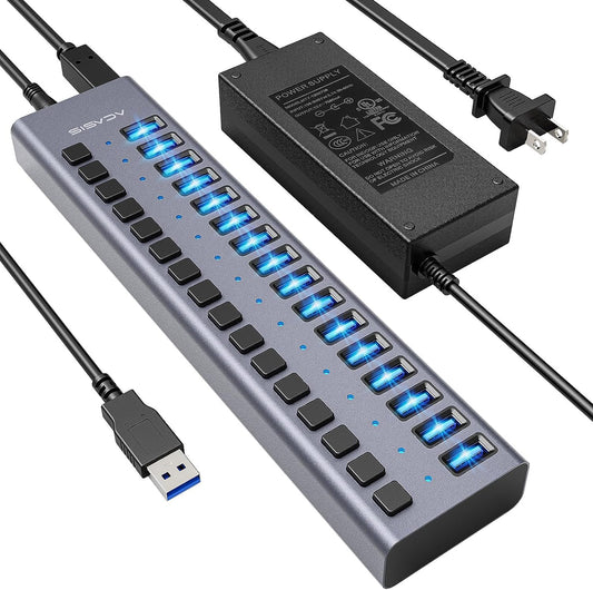 16-Port USB 3.0 Powered Hub with Individual On/Off Switches and High-Speed Data Transfer