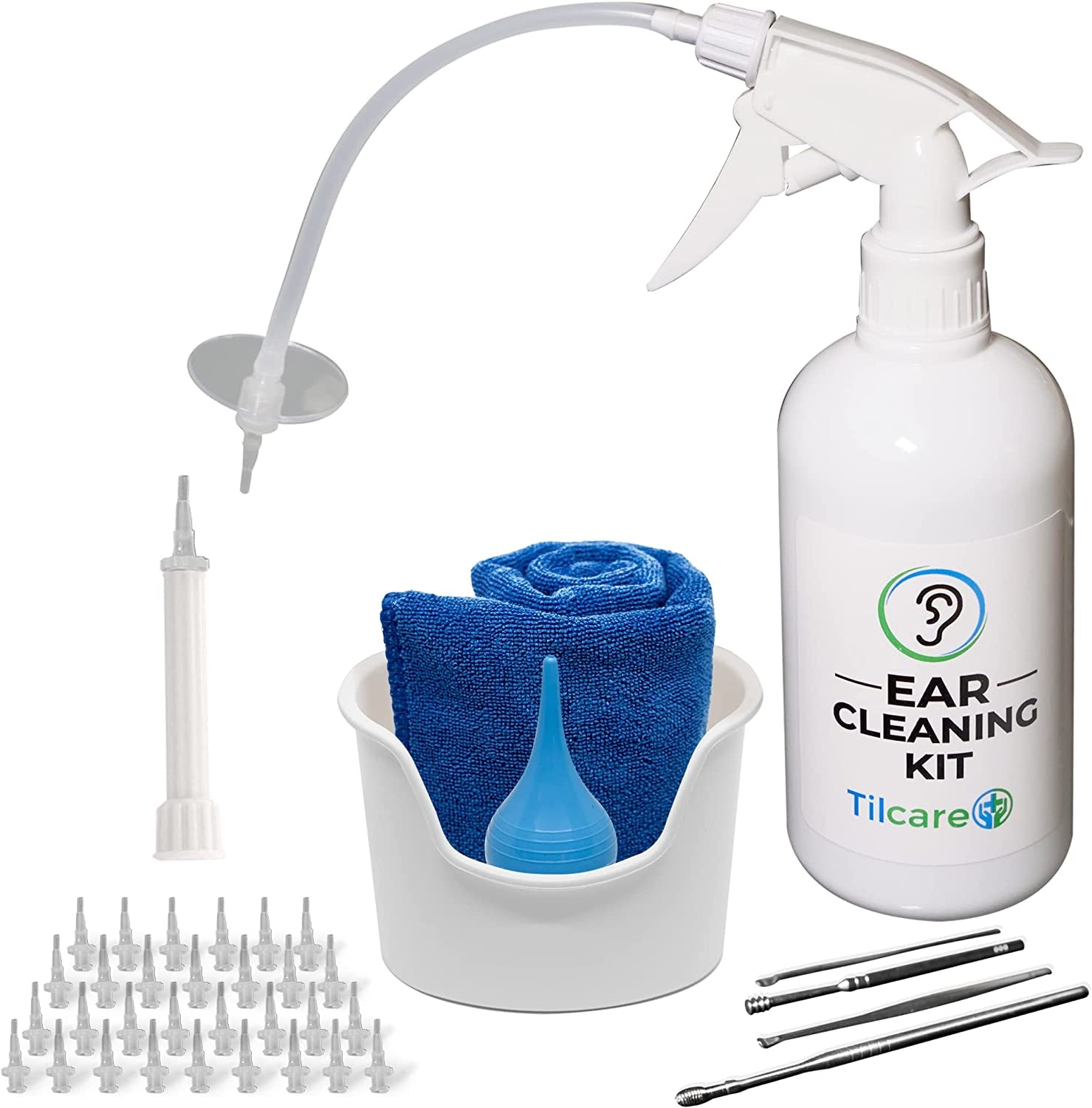 Ear Wax Removal ToolEar Irrigation Flushing System for Adults & Kids - Perfect Ear Cleaning Kit - Includes Basin, Syringe, Curette Kit (Spoon and Spiral), Towel and 30 Disposable Tips