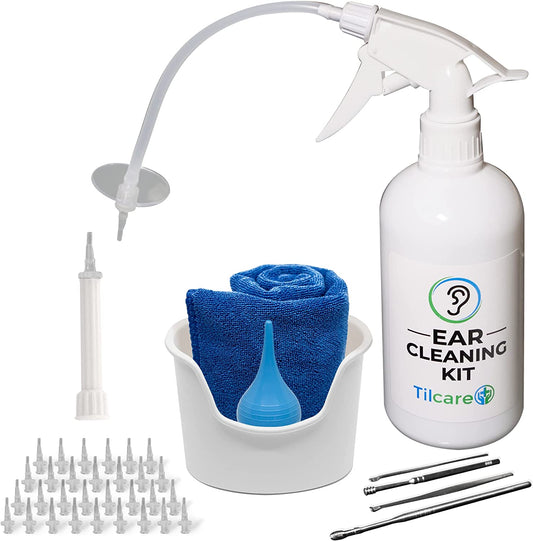 Ear Wax Removal ToolEar Irrigation Flushing System for Adults & Kids - Perfect Ear Cleaning Kit - Includes Basin, Syringe, Curette Kit (Spoon and Spiral), Towel and 30 Disposable Tips