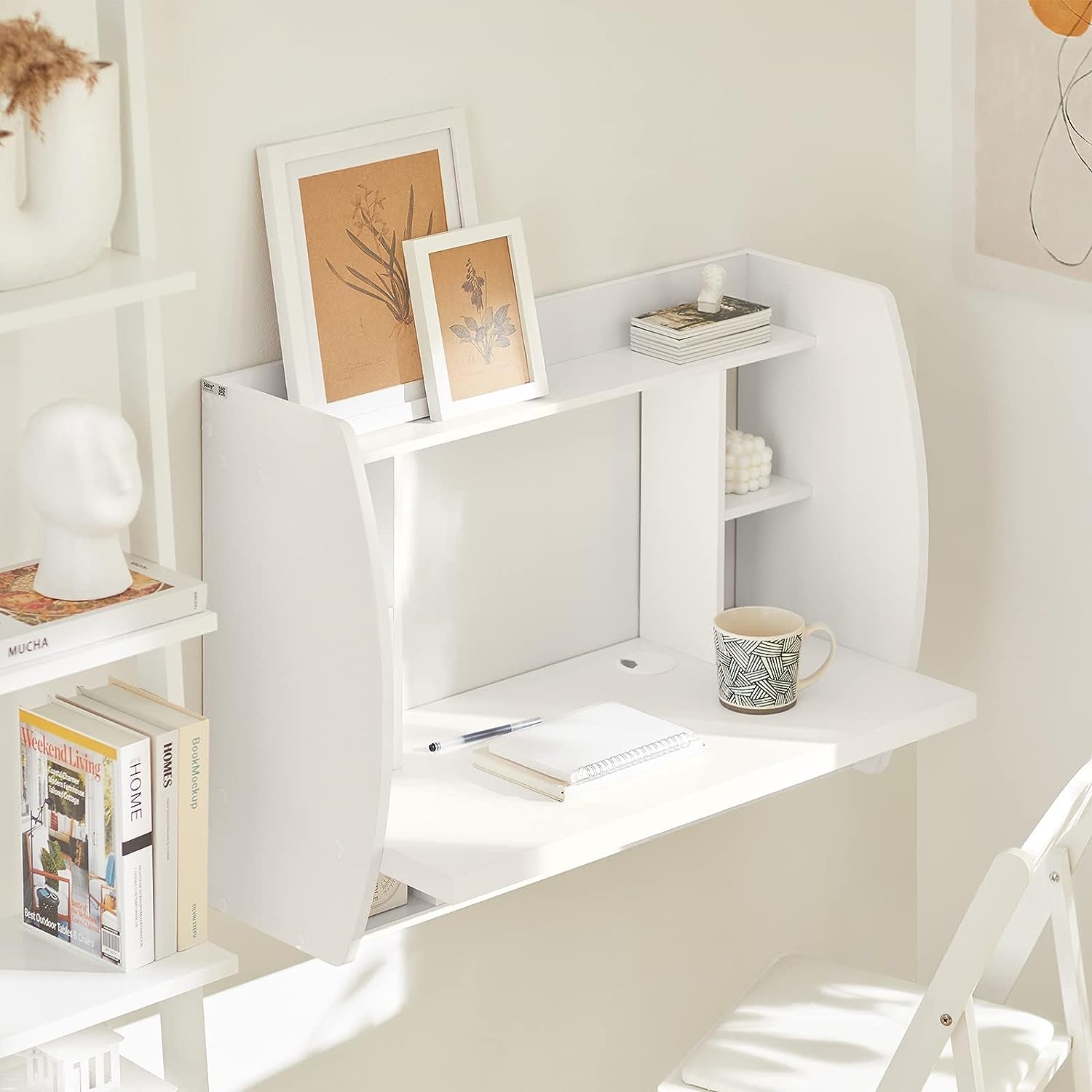 Wall-Mounted Computer Desk with Storage Shelves for Home Office Workstation - White Color