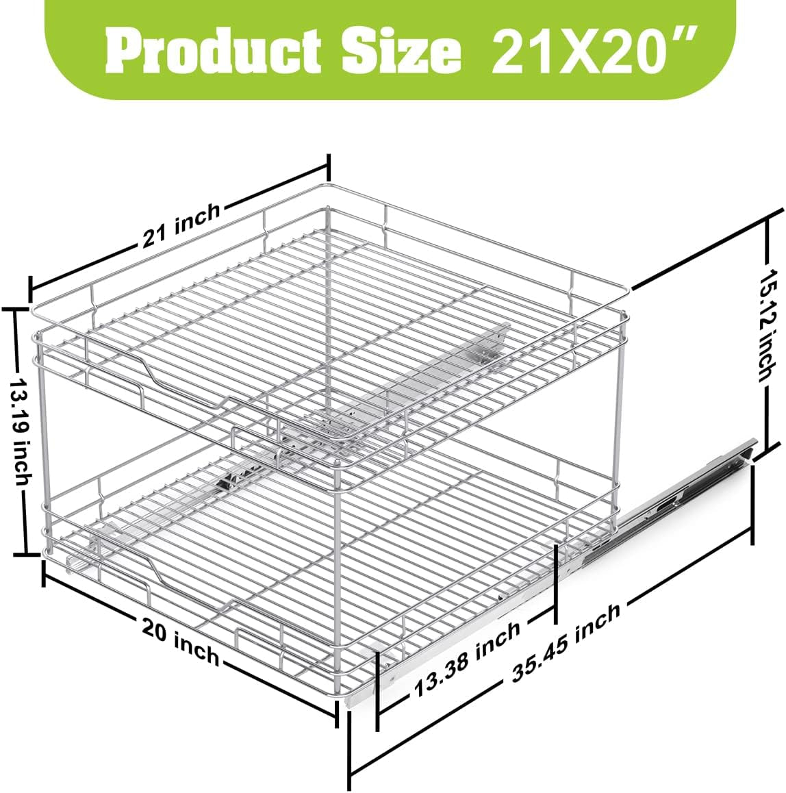 Bonadom 2 Tier Pull Out Cabinet Drawer Organizer –Heavy Duty Slide Out Kitchen Cabinet Storage Shelves -21''Dx20''W - Requires at Least a 20” Cabinet Opening, Wire Frame, Chrome Finish