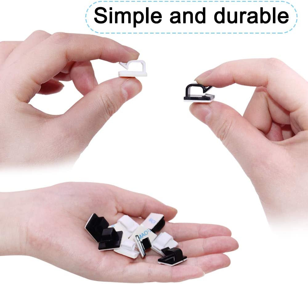 60-Piece Adhesive Cable Clips: FineGood Plastic Cable Cord Organizers for Efficient Cable Storage and Management in Home and Office - Black and White