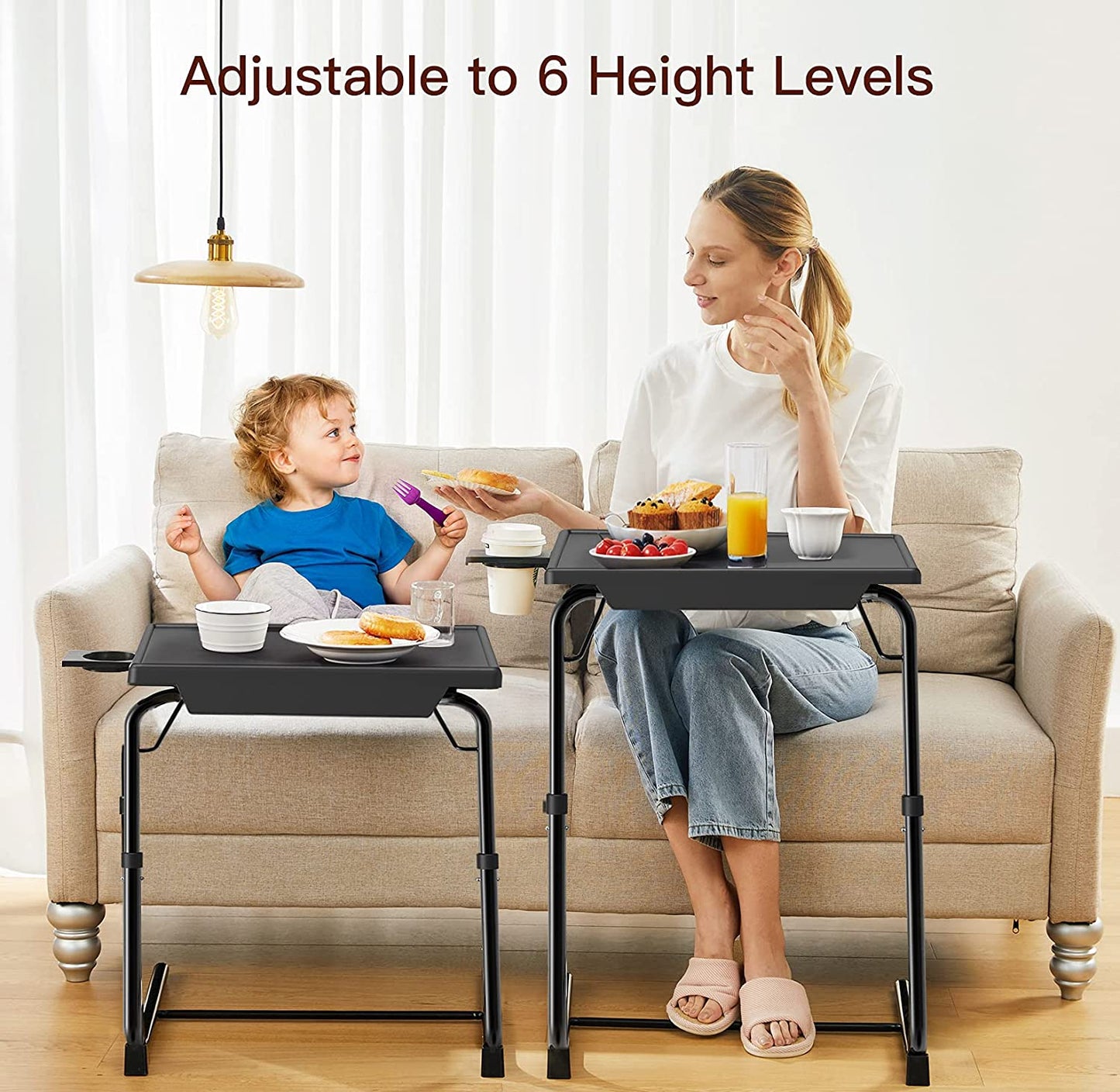 Adjustable TV Tray Table: Perfect for TV Dinners in Bed or on the Sofa. It's a Comfortable Folding Table with 6 Height and 3 Tilt Angle Adjustments, and it includes a Built-in Cup Holder. Pack of 1 in Black 