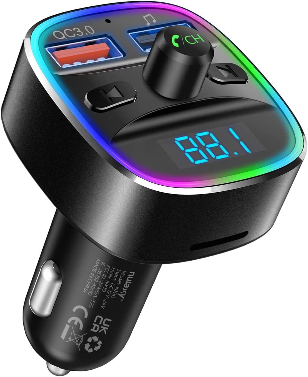 Bluetooth FM Transmitter for Car with Upgraded QC3.0 & 5V/1A Dual USB Charger, Wireless Radio Adapter with 7-Color LED Backlit Light, Hands-Free Calling, and USB Drive TF Card Support