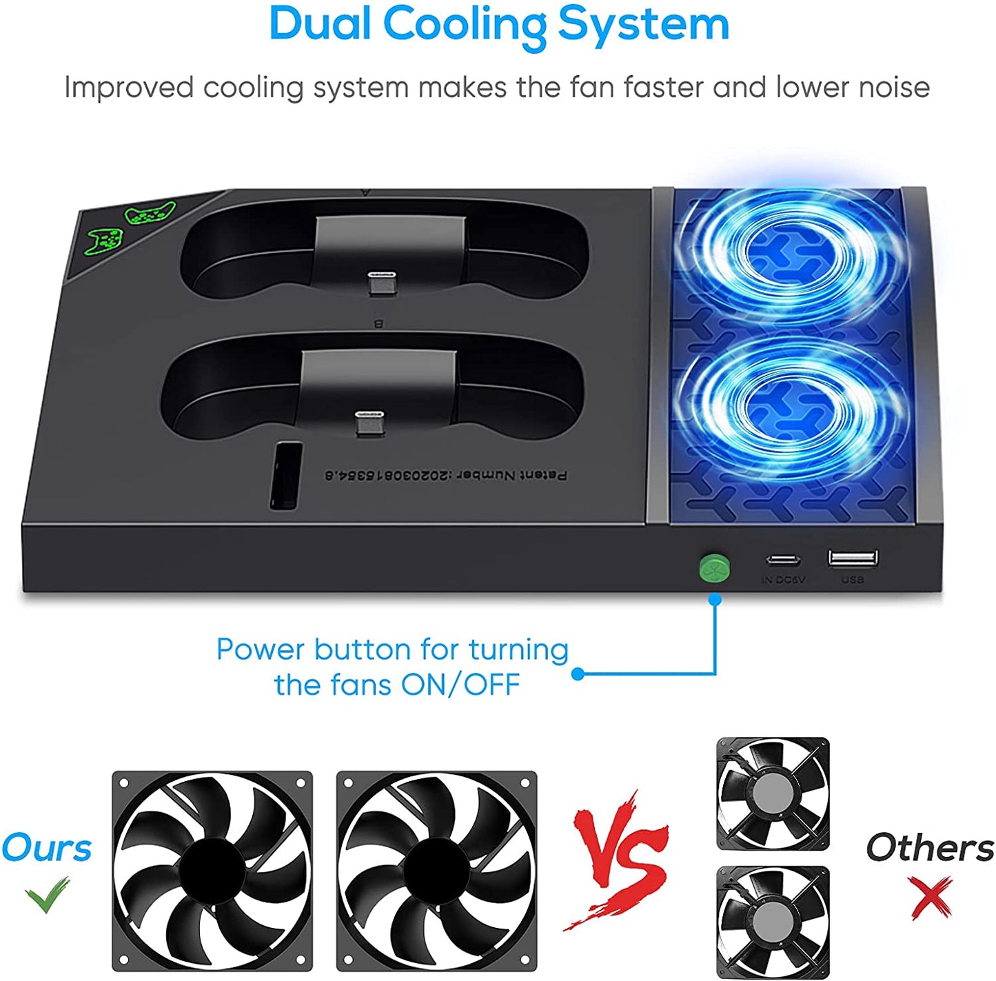 Xbox Series S Charger Stand with Cooling Fan - Vertical Charging Dock Station with Rechargeable Battery, Cover, and Earphone Bracket (Black)