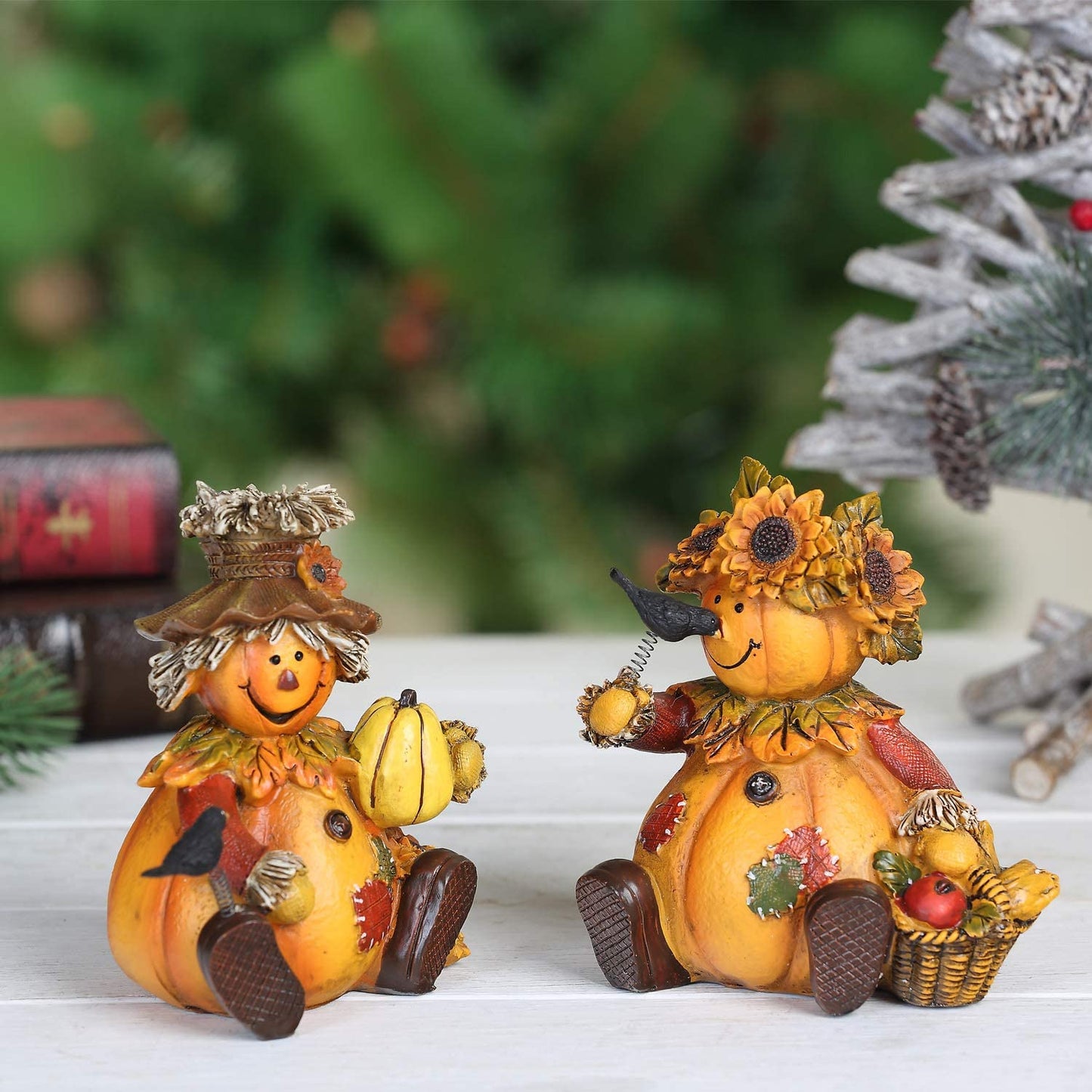 Set of 2 Polystone Table Decor Fall Harvest Statues - These Pumpkin People Dolls are perfect for adding a seasonal fall accent to your home decor.