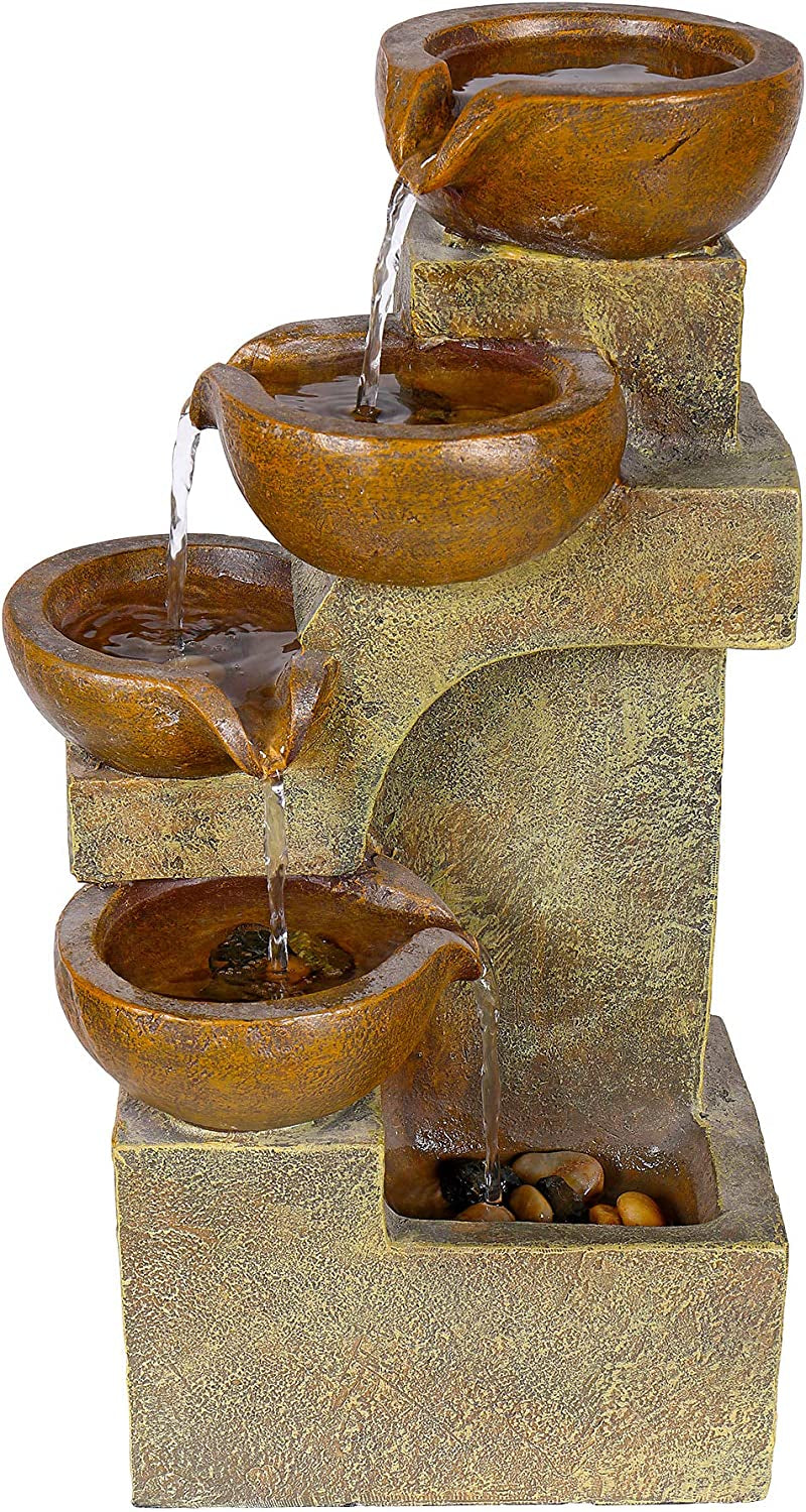  Tiering Pots Fountain, 9" Length x 7" Width x 16" Height, Brown