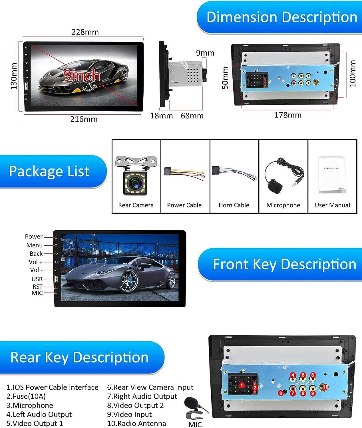 Single Din Car Stereo with 9 Inch HD Capacitive Touchscreen, Apple CarPlay, Android Auto, Bluetooth, FM Radio, Backup Camera Support, Microphone, Mirror Link, Steering Wheel Control, and USB Input.