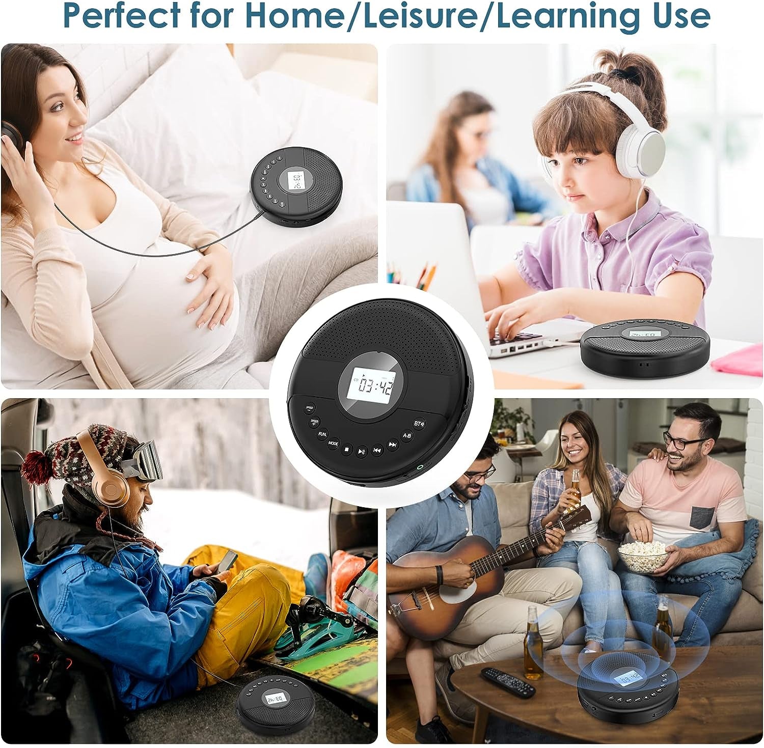 Portable Bluetooth CD Player with Dual Speaker - Rechargeable Discman with 1500 mAh Battery, Headphones, and AUX Cable. Features Anti-Skip Protection and an LCD Display. Ideal for Personal CD Playback and can be used in the car.