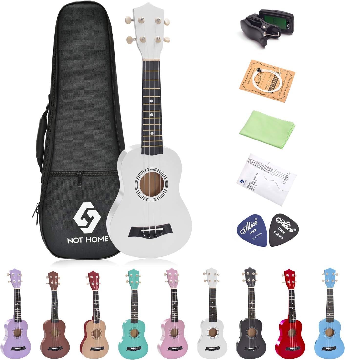 21" Soprano Ukulele - Specially Designed for Kids, Students, and Beginners. Includes a Carrying Bag and a Digital Tuner, available in a clean White finish.