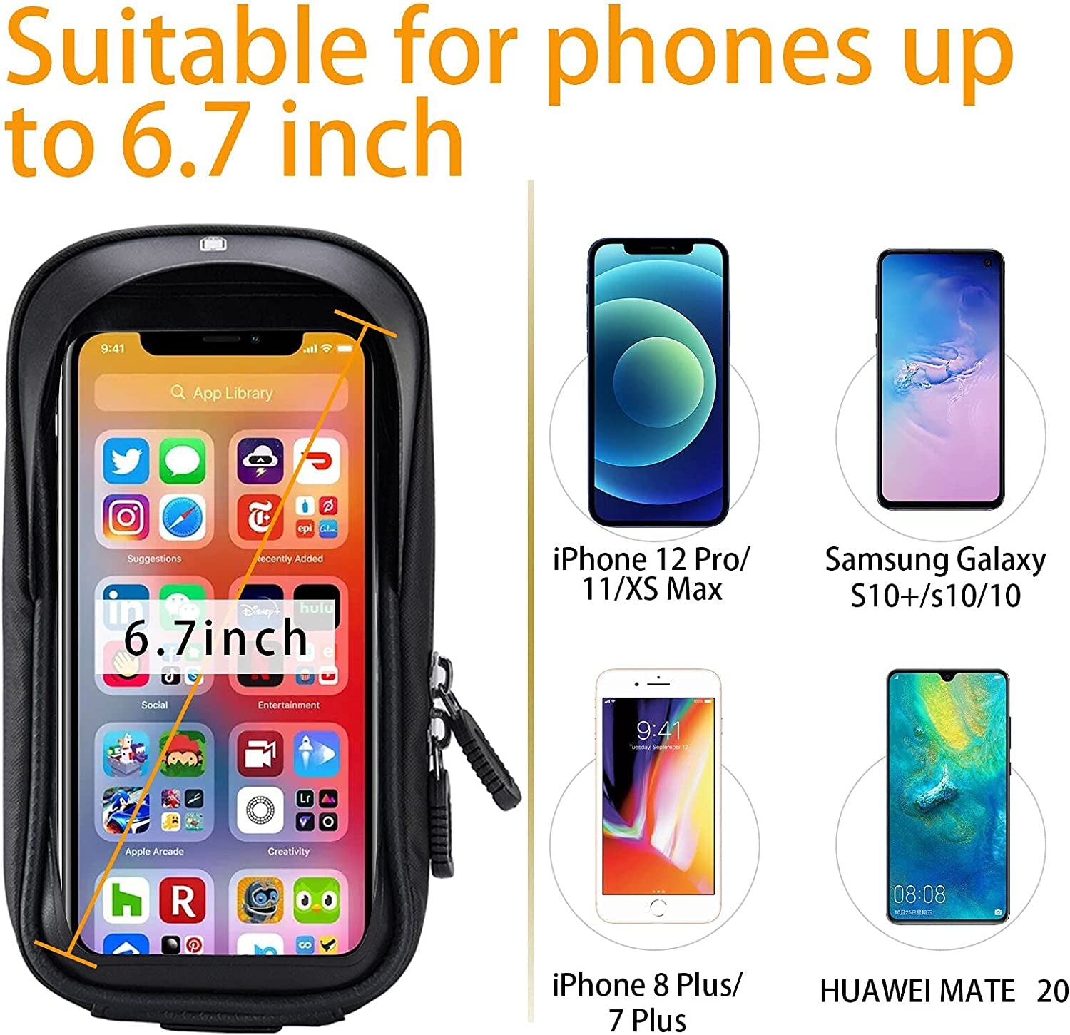 Waterproof Bike Handlebar Bag with Phone Mount Holder - Large Storage for iPhone 13, 12, 11 Pro, Xs Max, 8 Plus (6.5" and Below) - Ideal for Mountain & Road Cycling - Sensitive Touch Screen - Front Frame Top Tube Handlebar Bags - Accessories Pouch