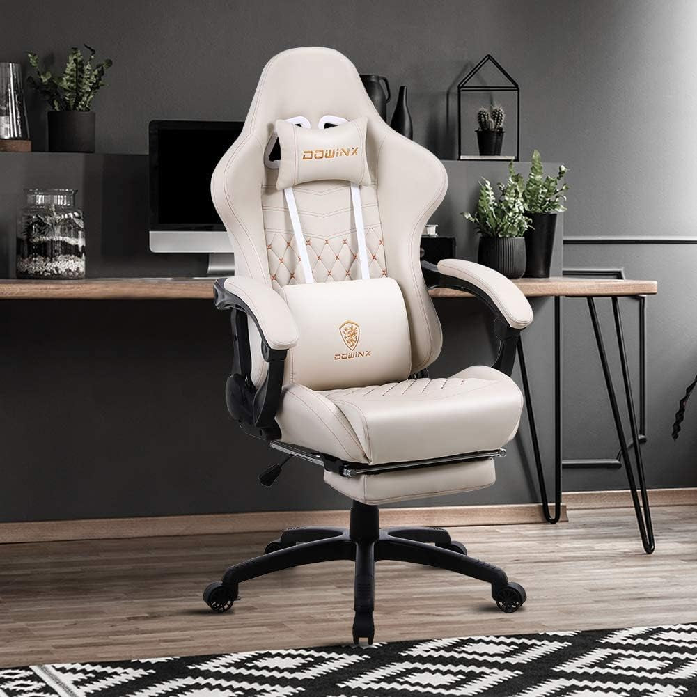 Gaming Chair Office Desk Chair with Massage Lumbar Support, Vintage Style Armchair, PU Leather E-Sports Gamer Chairs with Retractable Footrest in Milky White