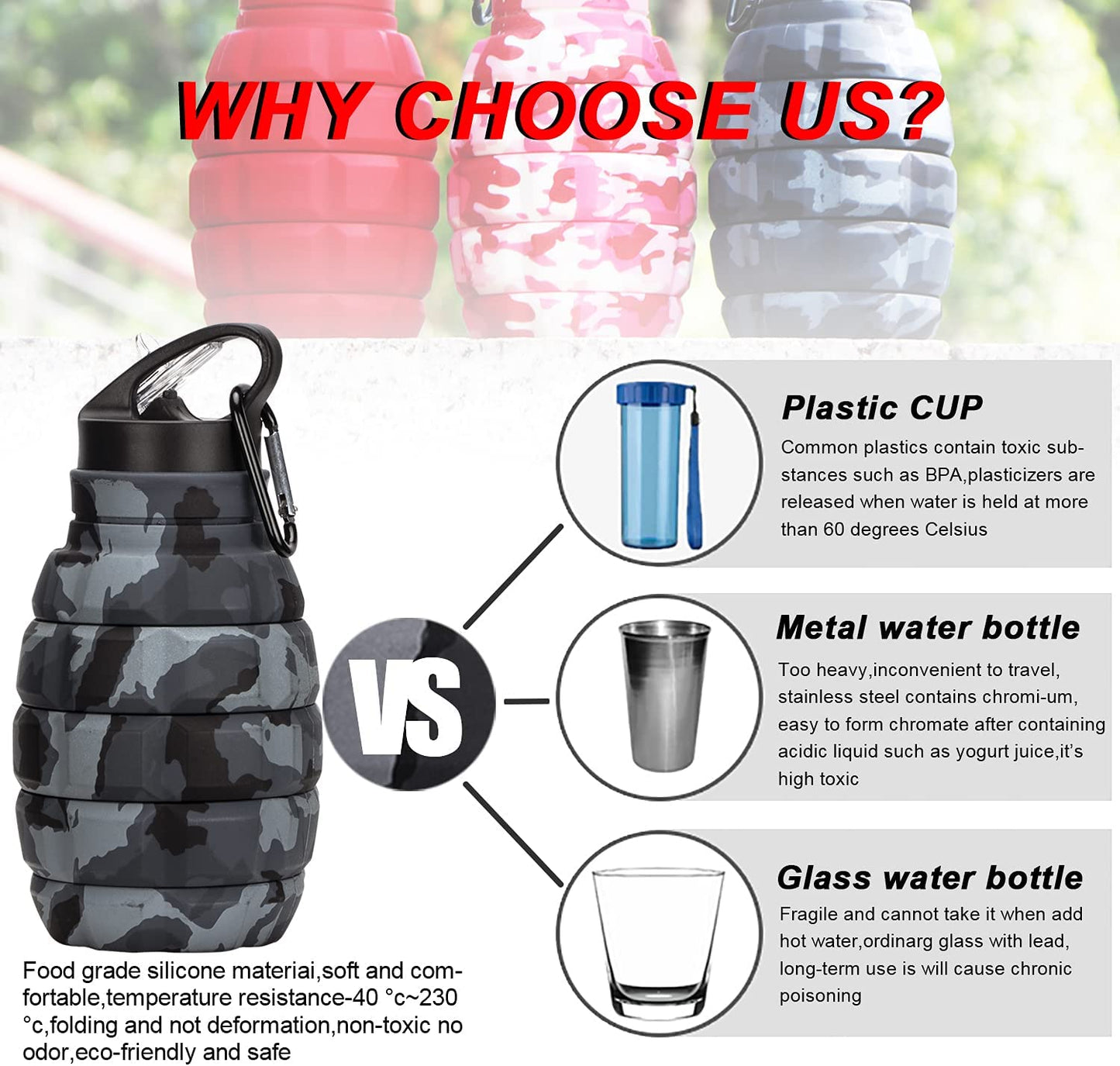 18oz Collapsible Travel Water Bottle - BPA-Free Silicone, Foldable and Reusable - Perfect for Gym, Camping, Hiking - Portable and Leak-Proof Sports Water Bottle with Carabiner - Dark Gray Camouflage Design.