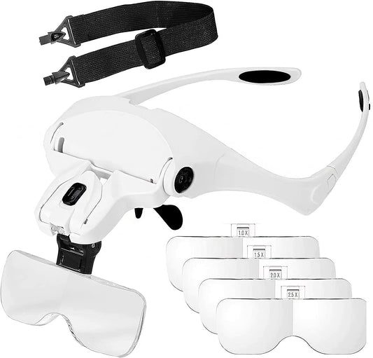 Hands-Free LED Magnifying Lamp Headband Glasses: Illuminated Magnifier Glass for Eyelash Extension, Reading, Jewelry Loupe, and Repairing, Includes 5 Lenses