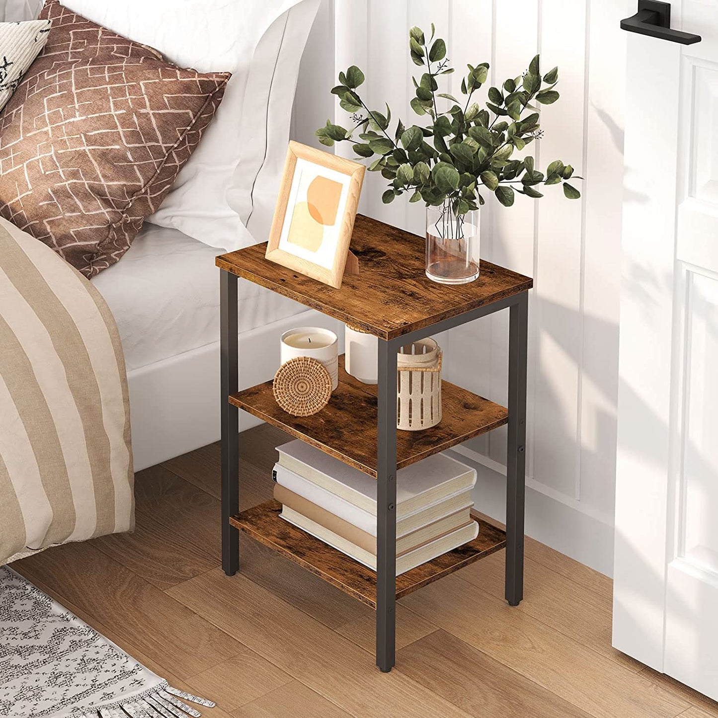 Industrial End Table with 3-Layer Shelves, Rustic Brown - Easy Assembly, Ideal for Small Spaces and Living Room 