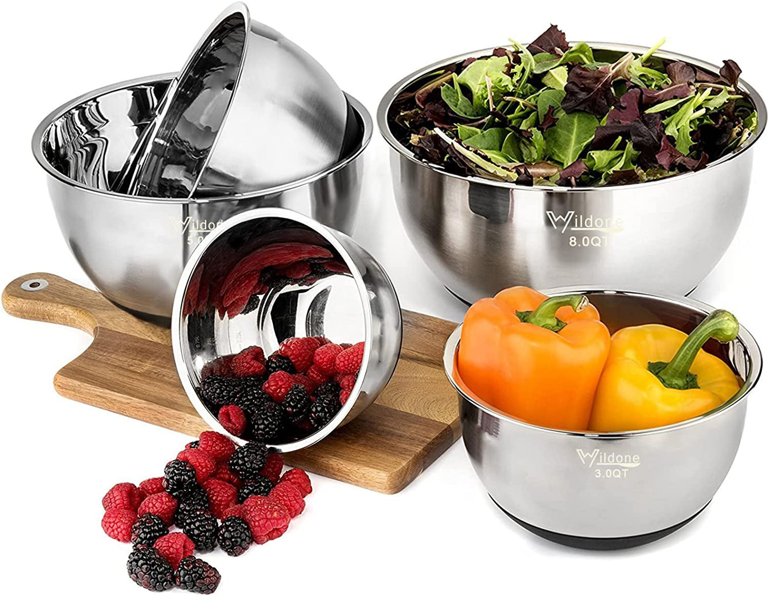 Stainless Steel Mixing Bowls Set of 5 with Lids, Measurement Lines, Silicone Bottoms, Non-Slip & Stackable Design - Sizes 8, 5, 3, 2, 1.5 QT - Ideal for Mixing and Prepping