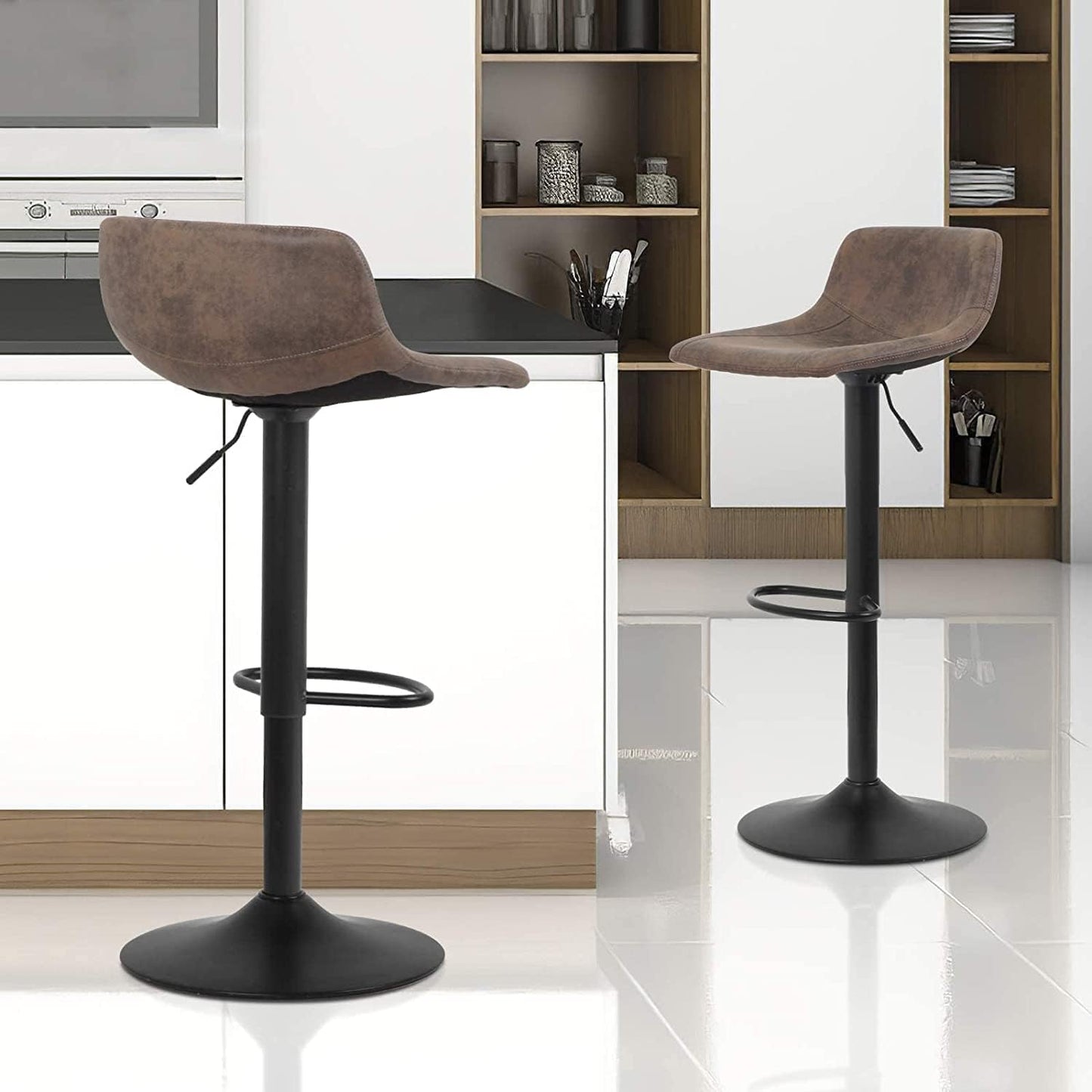 Set of 2 Bar Stools, Swivel Barstool Chairs with Back, Modern Pub Kitchen Counter Height, Retro Brown, PU Material