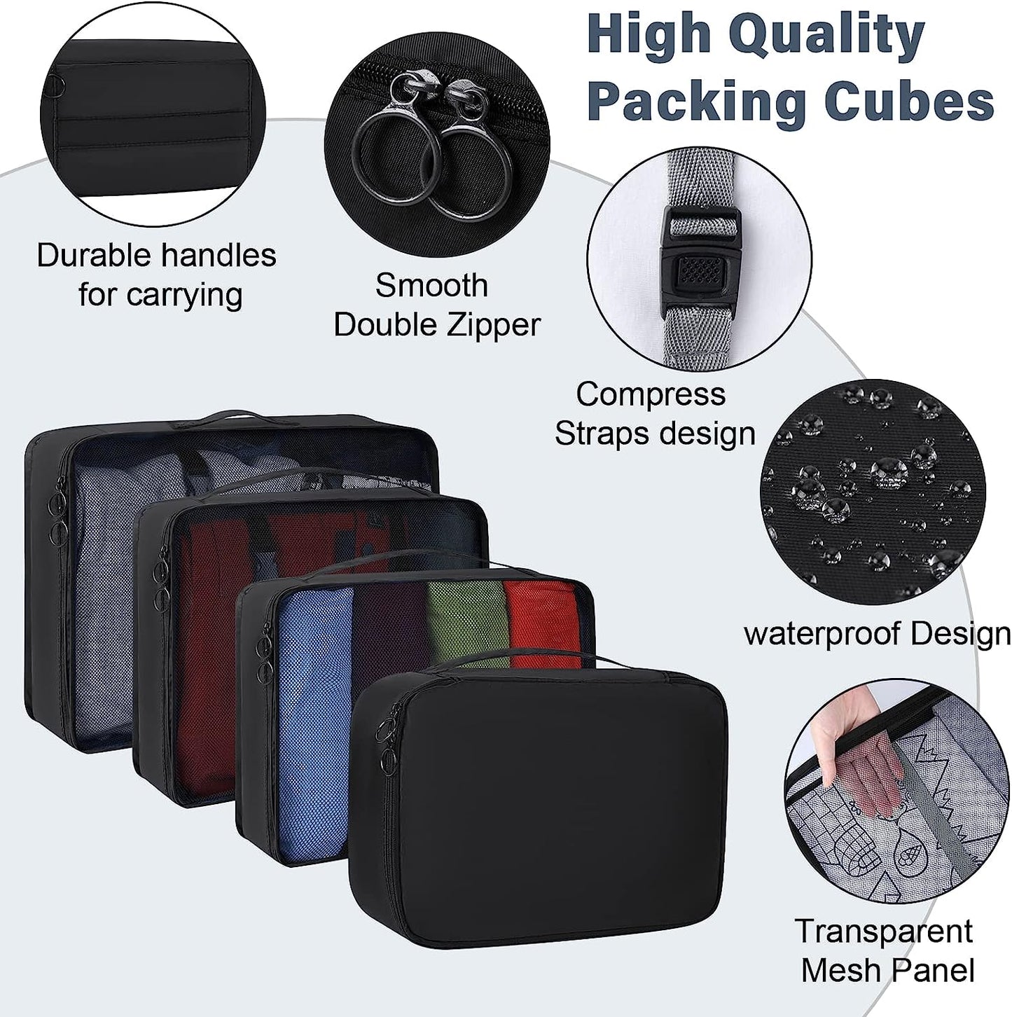 Set of 8 Waterproof Travel Organizer Packing Cubes - Foldable Compression Cubes for Carry-On Luggage - Includes Hanging Toiletry Bag, Shoe Bag, and Laundry Bag - Color: Black