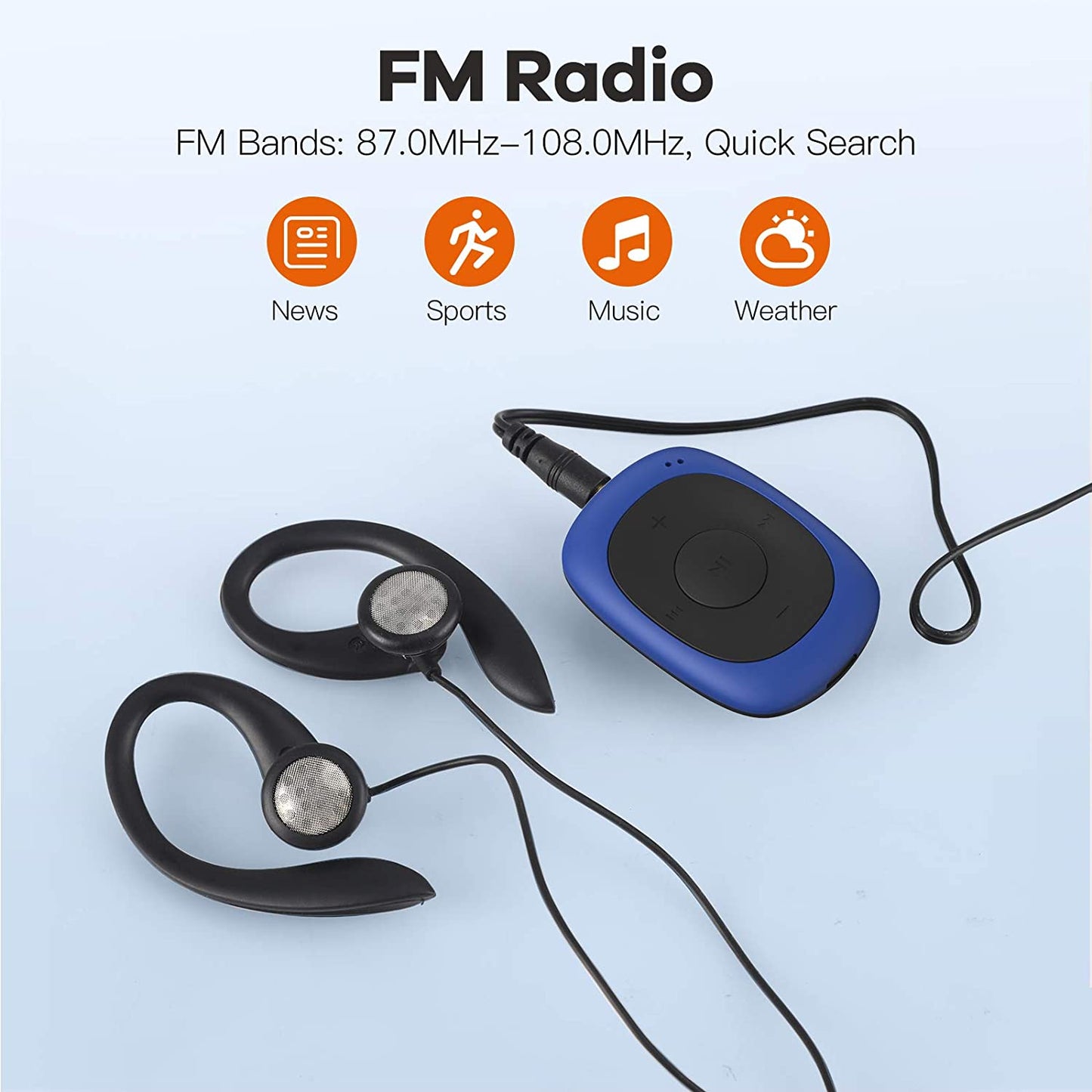 Clip MP3 Player with FM Radio: 8GB Digital Music Player designed for Jogging, Running, and Gym Activities. Available in Blue 