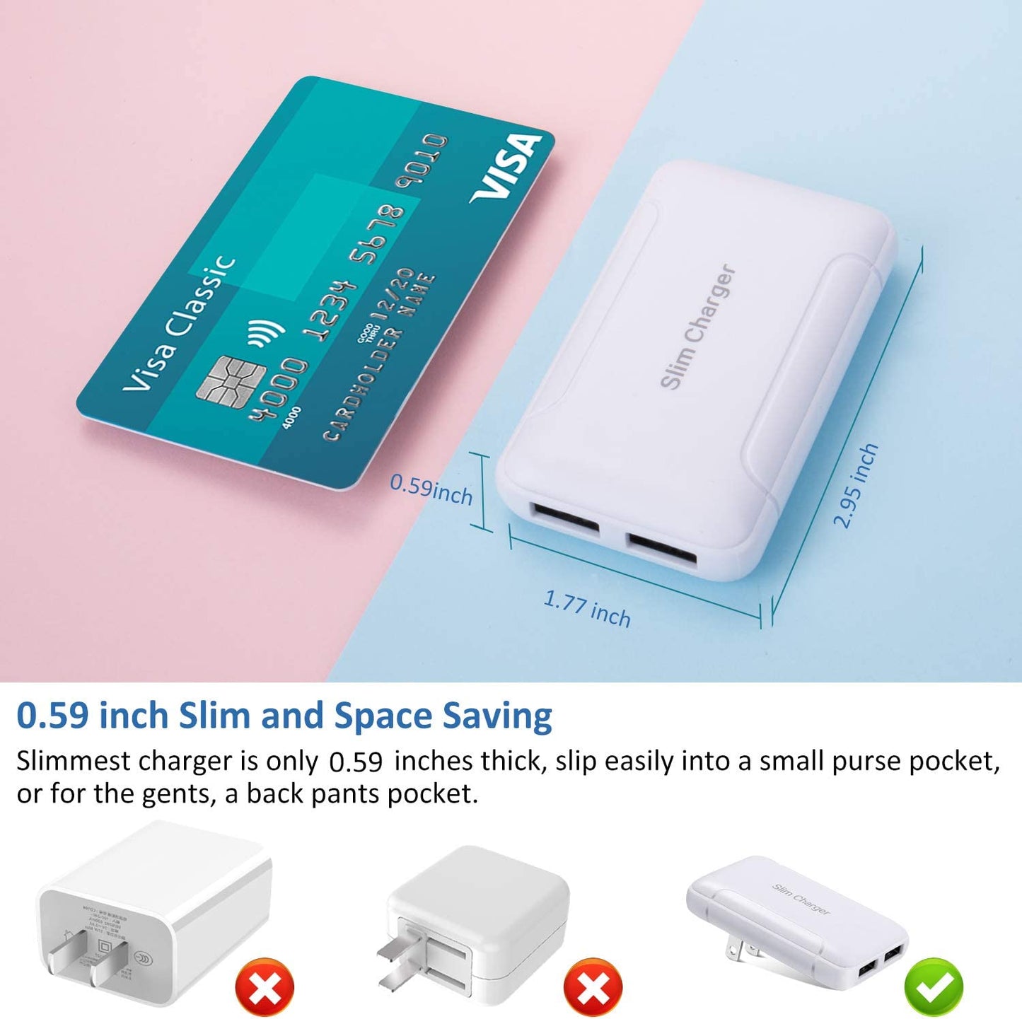 Dual Port USB Wall Charger with Foldable Plug - Slim, Portable Travel Adapter for iPhone, Samsung Galaxy, Nokia, Moto, Pixel, and More - White