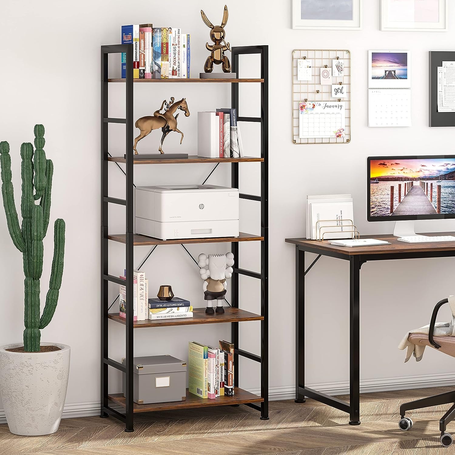 Rustic 5-Tier Industrial Bookshelf - 24x11.8x63 inches, Wood and Metal, Open Shelves, Living Room, Bedroom.