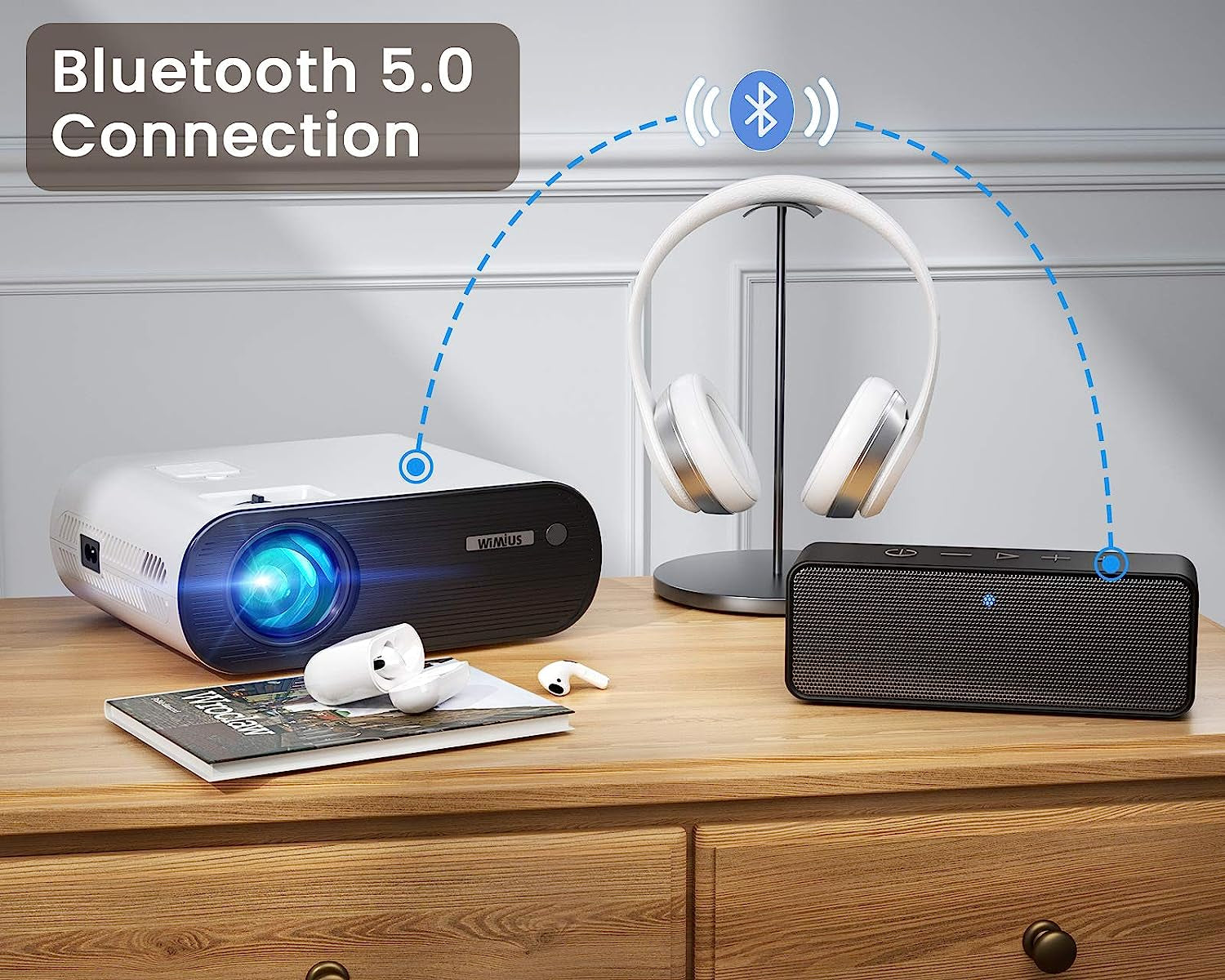 K5 Mini WiFi Bluetooth Projector - Full HD Support for 1080P, 75% Zoom, and 200" Screen. Compatible with Smartphone (Wirelessly), PC, Bluetooth Speakers, TV Stick, PS4, and PS5.