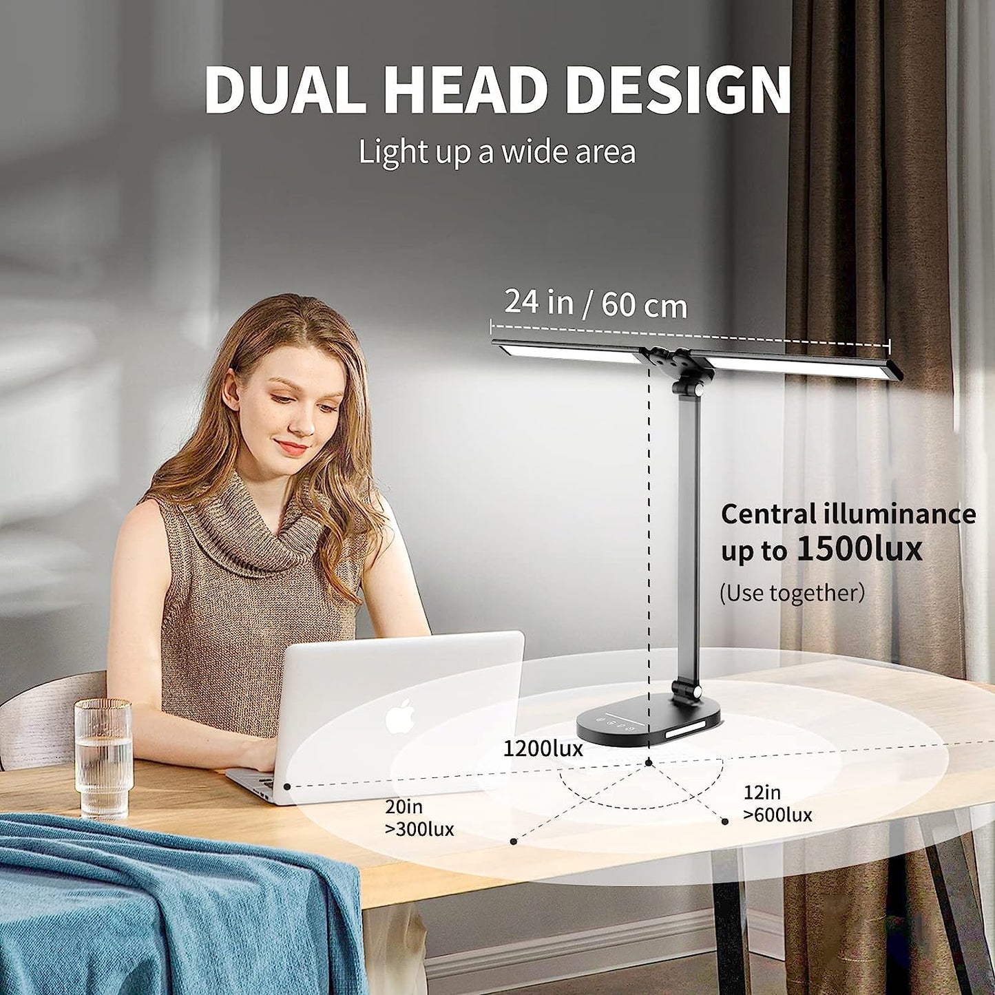 Dual Swing Arm LED Desk Lamp: Equipped with USB Charging Port and Night Light Function. This Desk Lamp offers 5 Color Modes, 5 Brightness Levels, and Touch Control. Ideal for Desktop, Office, or Table Use with Convenient Plug.