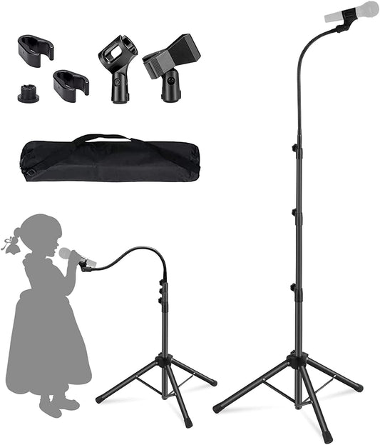 Adjustable Height Tripod Microphone Stand with Gooseneck - Sturdy Mic Stand with Boom Arm, Accompanied by Mic Clips and a 3/8" - 5/8" Adapter for Versatile Use with Most Microphones.